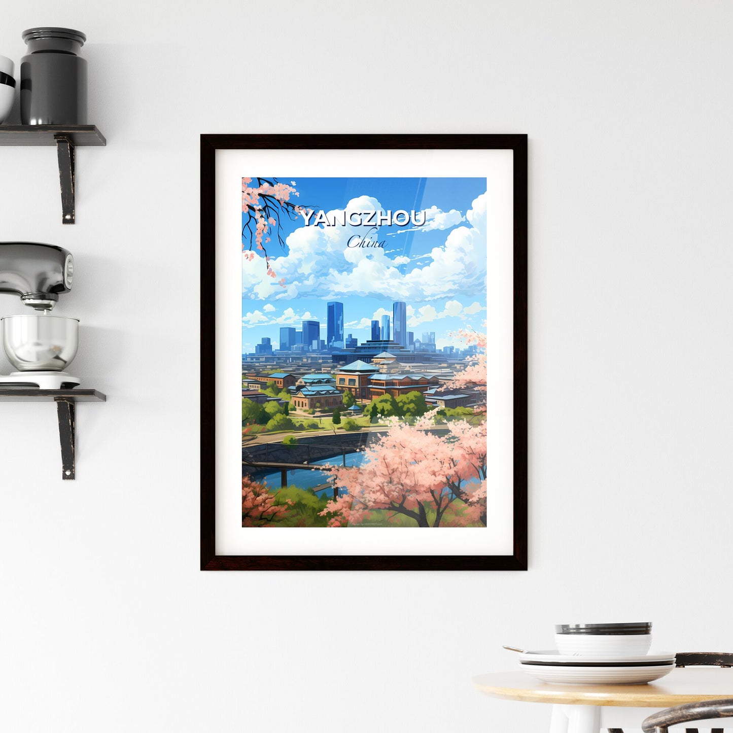 Yangzhou Cityscape Art - Vibrant Painting of Skyline Bridge and Trees Default Title