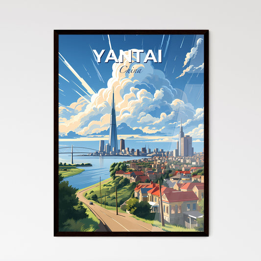 Vibrant Cityscape Painting of Yantai China's Skyline featuring Bridge and Water Default Title