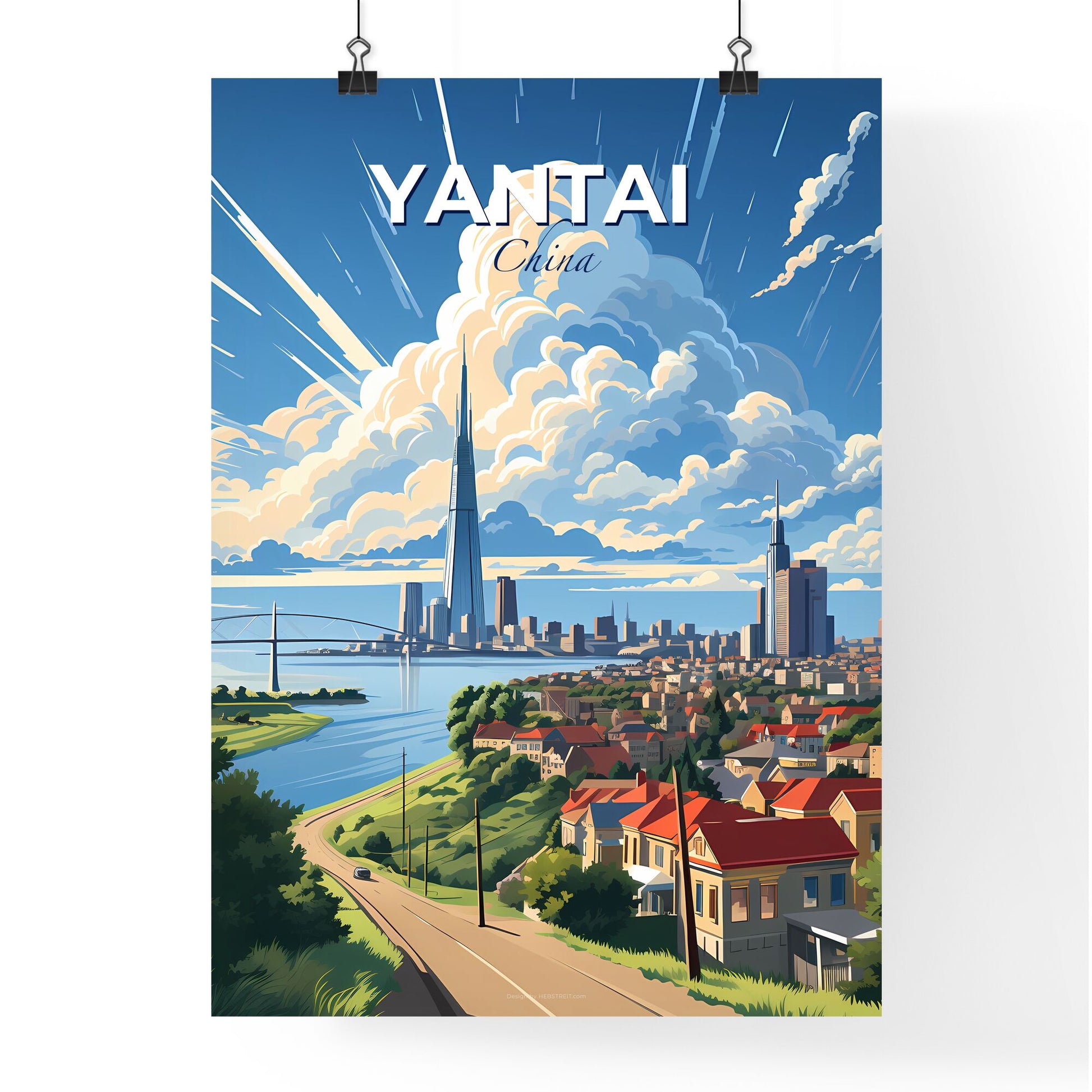 Vibrant Cityscape Painting of Yantai China's Skyline featuring Bridge and Water Default Title