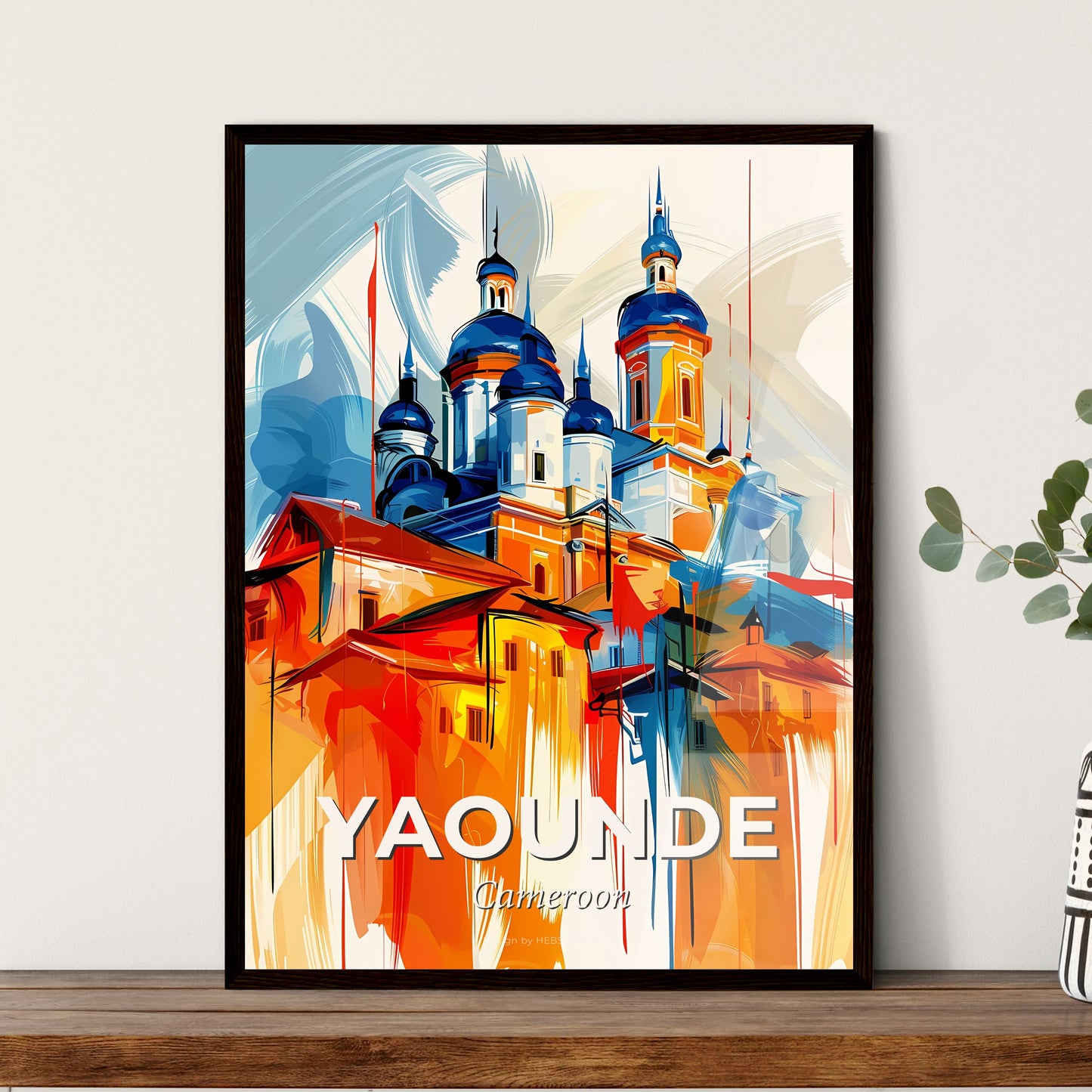 Vibrant Yaounde, Cameroon - A Painting Of A Building With Blue And Orange Colors