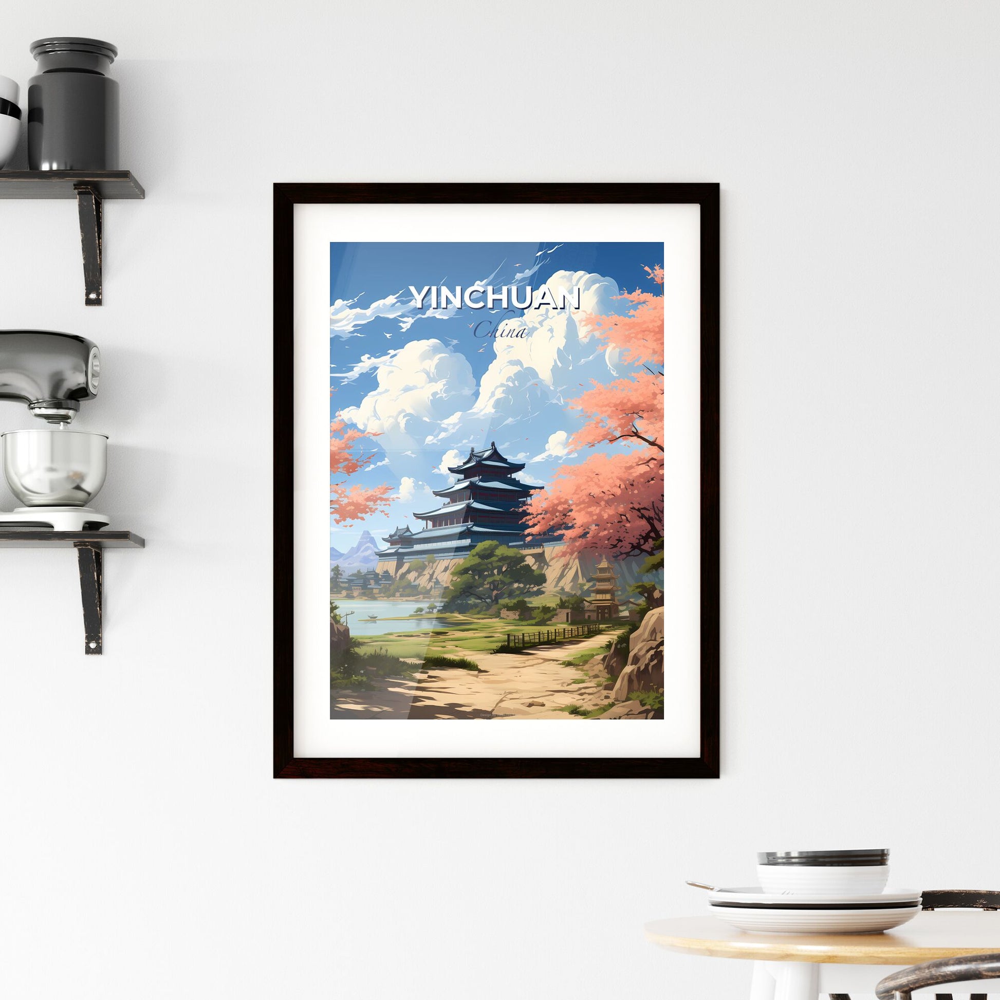 Artistic Cityscape Painting: Yinchuan China Skyline with Pagoda, Water, and Pink Trees Default Title