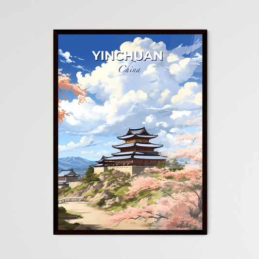Yinchuan China Skyline Vibrant Painting Cityscape Hilltop Building Surrounded by Pink Flowers Default Title