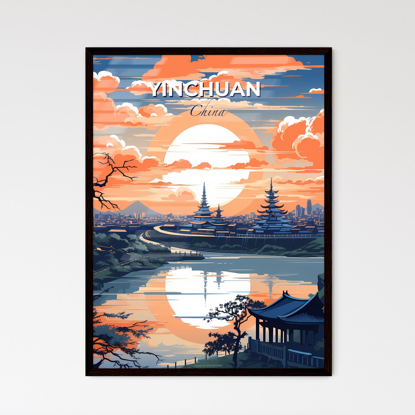 Yinchuan City Skyline Artistic Landscape Painting China Urban River Sunrise Default Title