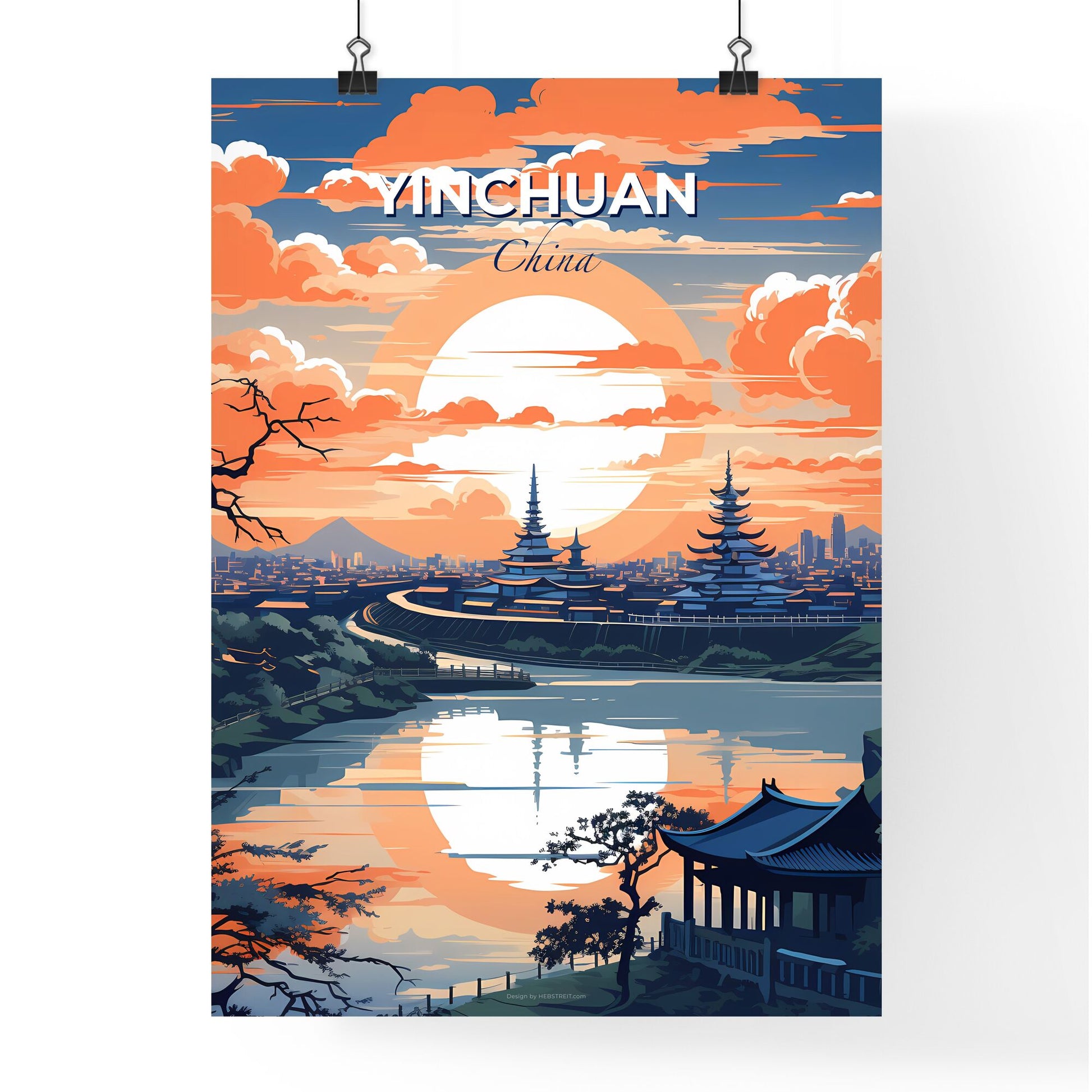 Yinchuan City Skyline Artistic Landscape Painting China Urban River Sunrise Default Title