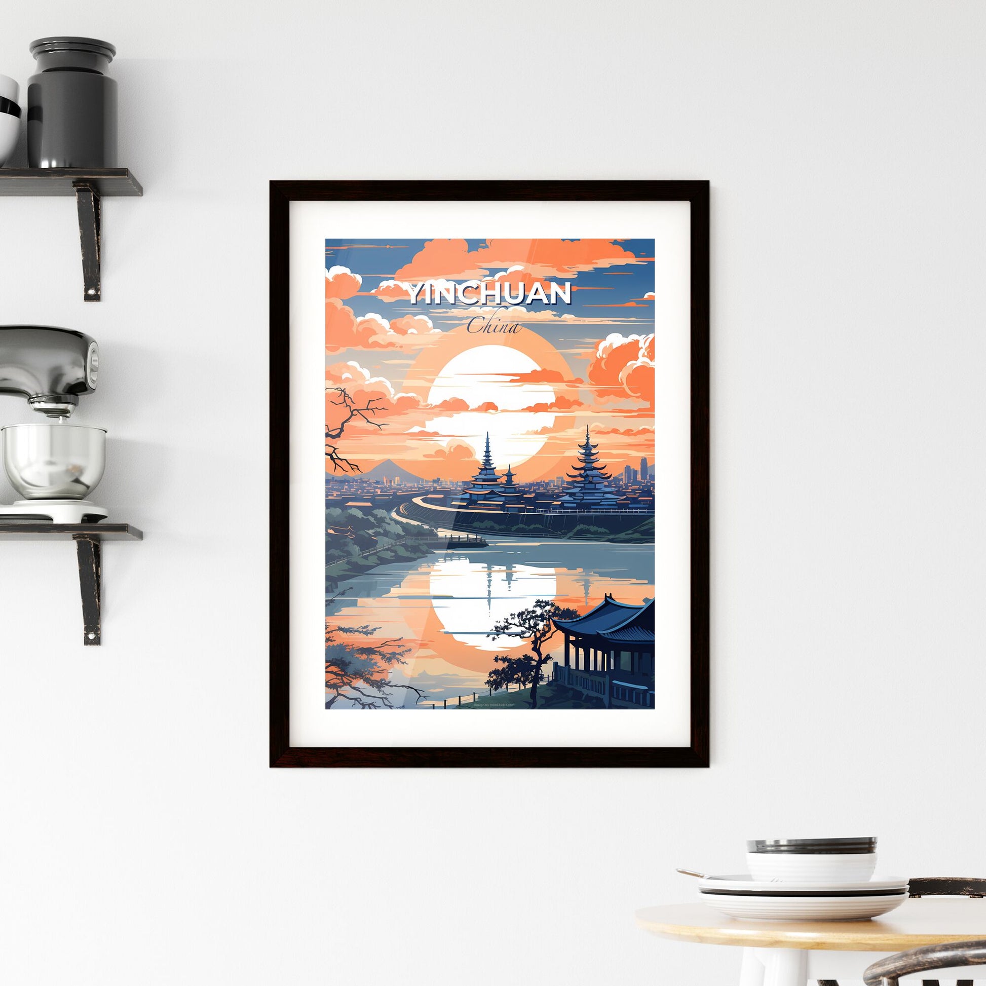 Yinchuan City Skyline Artistic Landscape Painting China Urban River Sunrise Default Title