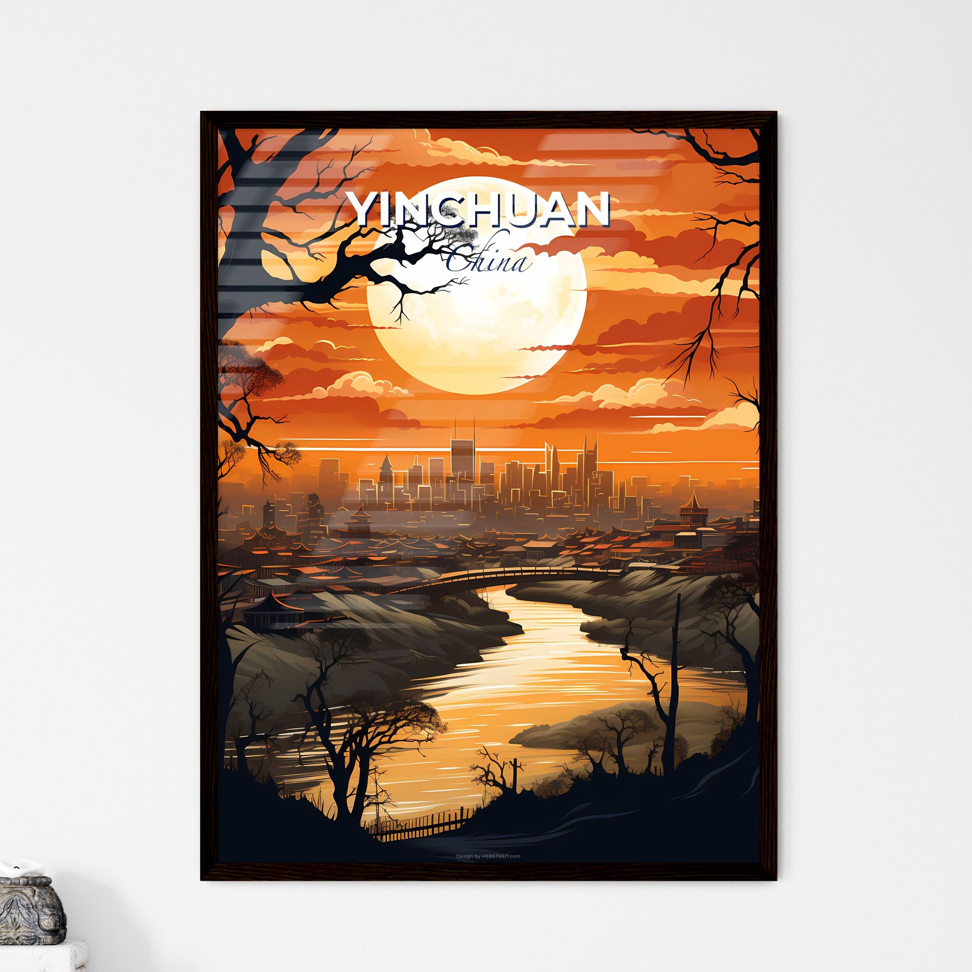 Vibrant City Skyline Art of Yinchuan China with River and Moon Default Title