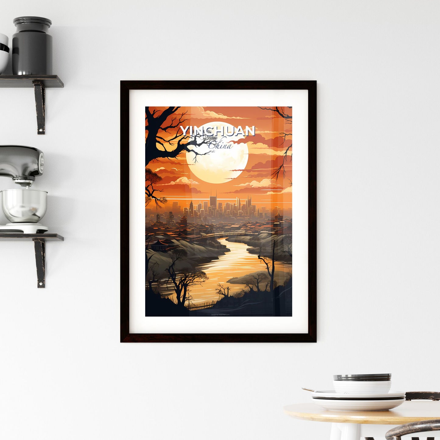 Vibrant City Skyline Art of Yinchuan China with River and Moon Default Title