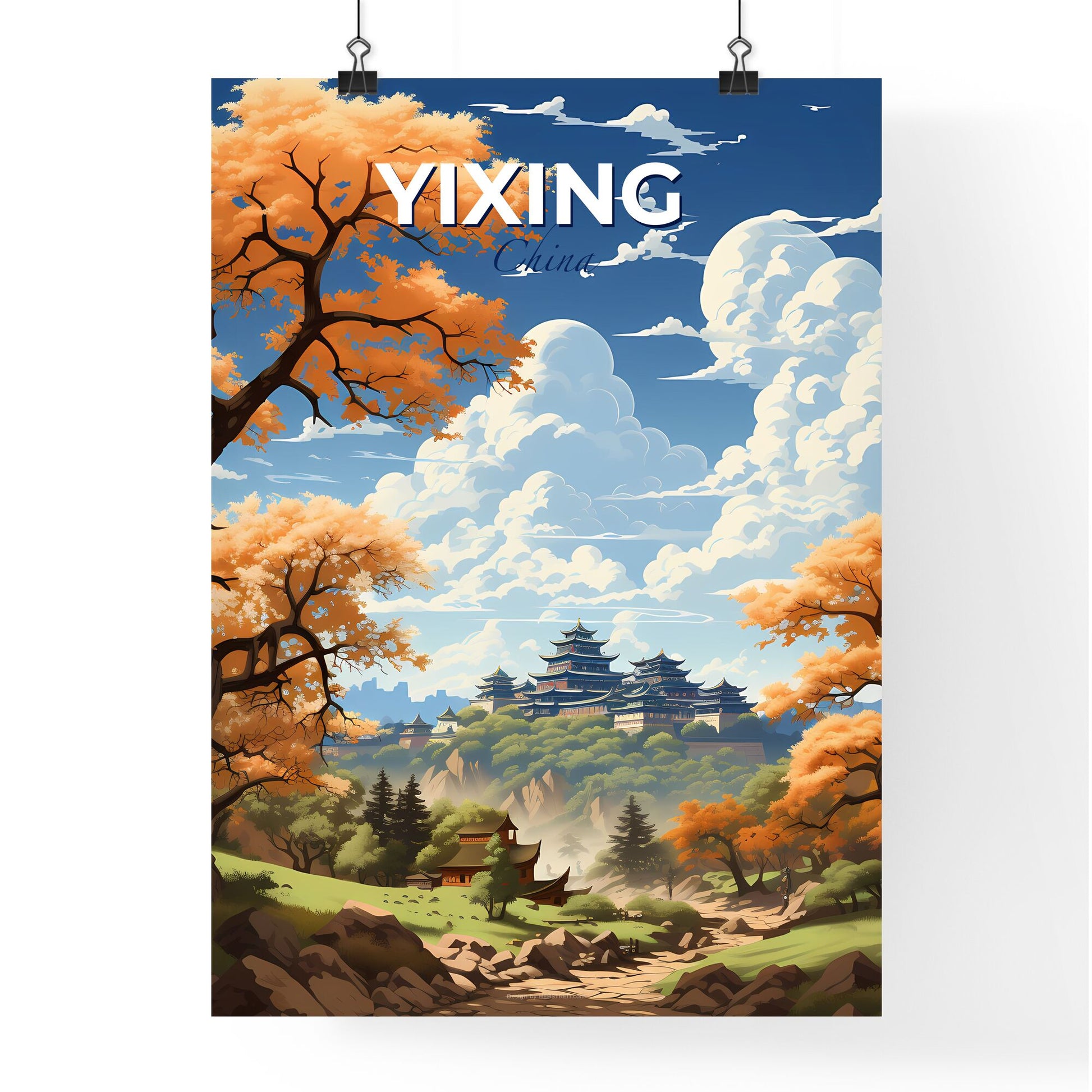 Yixing City Skyline Painting: Vibrant Landscape with Green Trees and Colorful Buildings Default Title