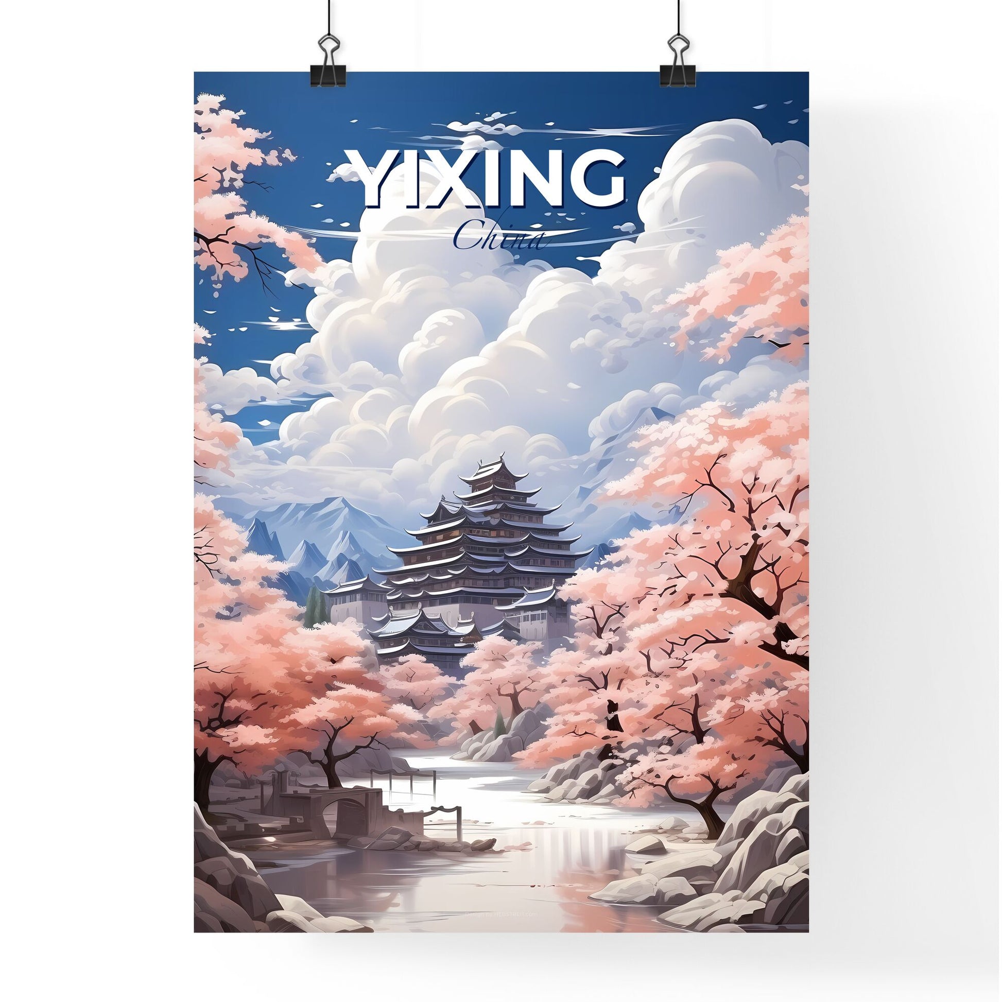 China Yixing City Skyline Watercolor Painting: Pagoda Tower Riverside Pink Blooming Trees Art Default Title