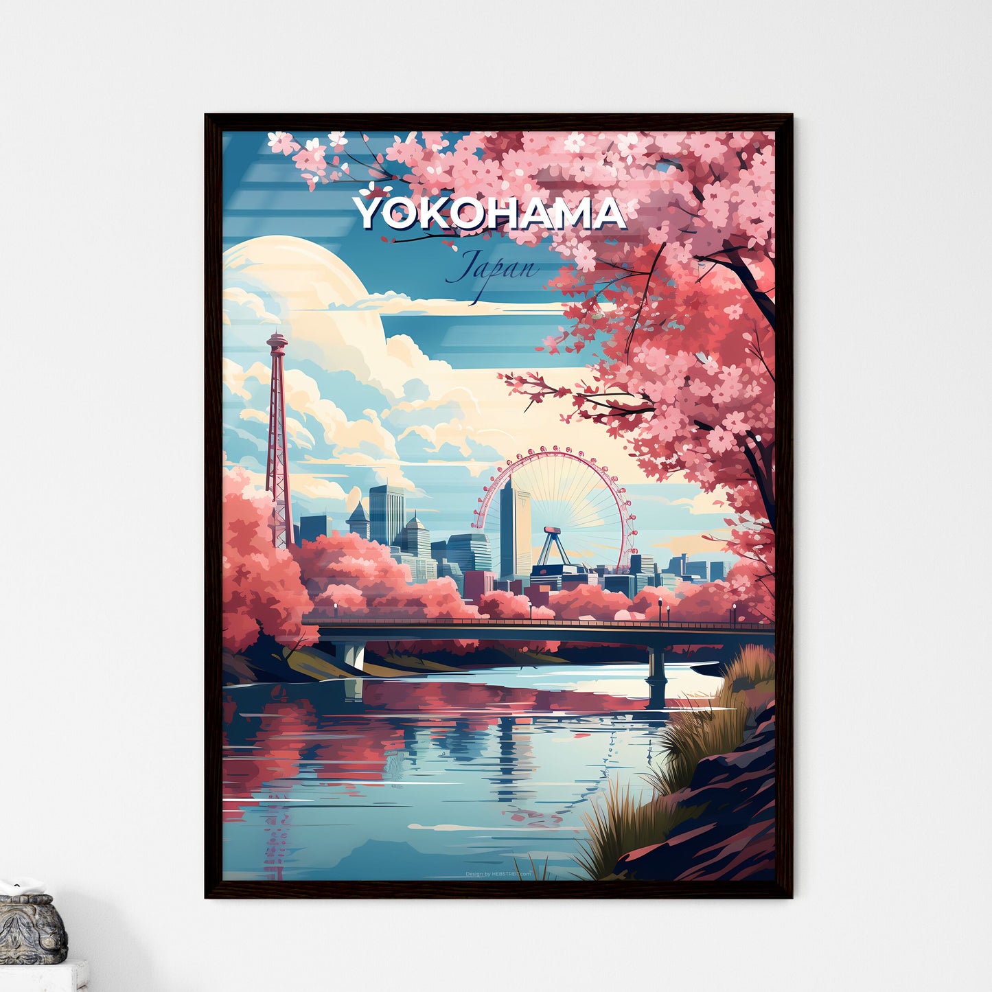 Vibrant Yokohama Skyline Painting with Pink Trees and Ferris Wheel Default Title