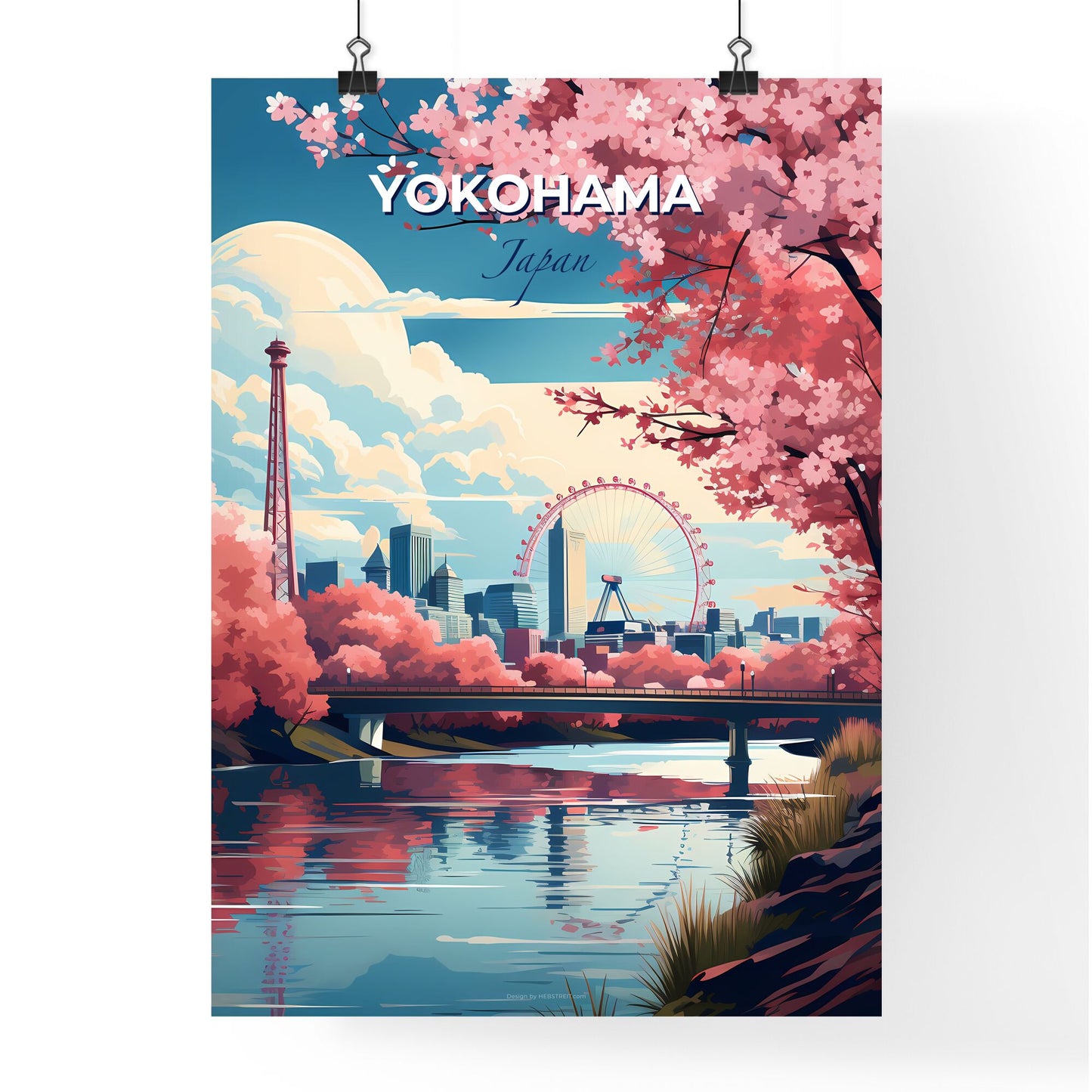 Vibrant Yokohama Skyline Painting with Pink Trees and Ferris Wheel Default Title