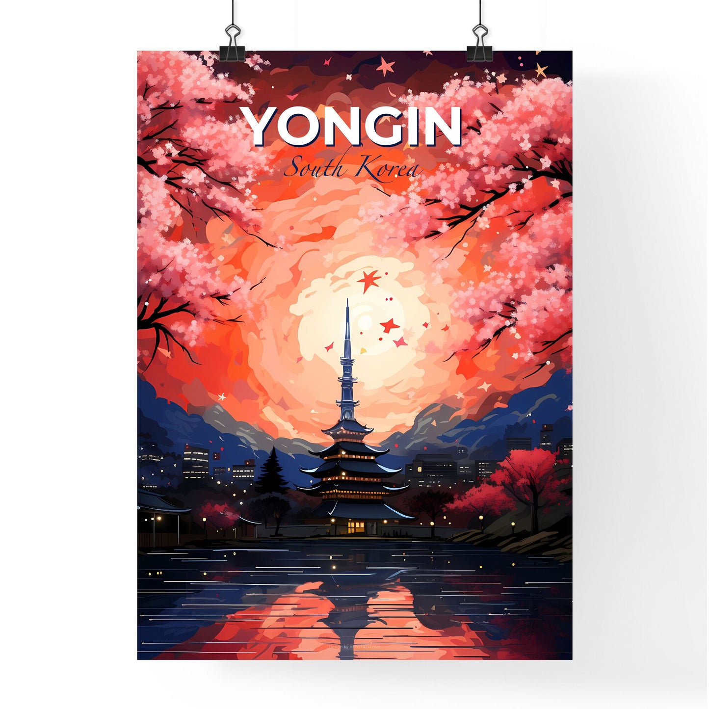 Japanese Temple Sunset Painting - Vibrant Modern Art Cityscape Skyline Yongin South Korea Default Title