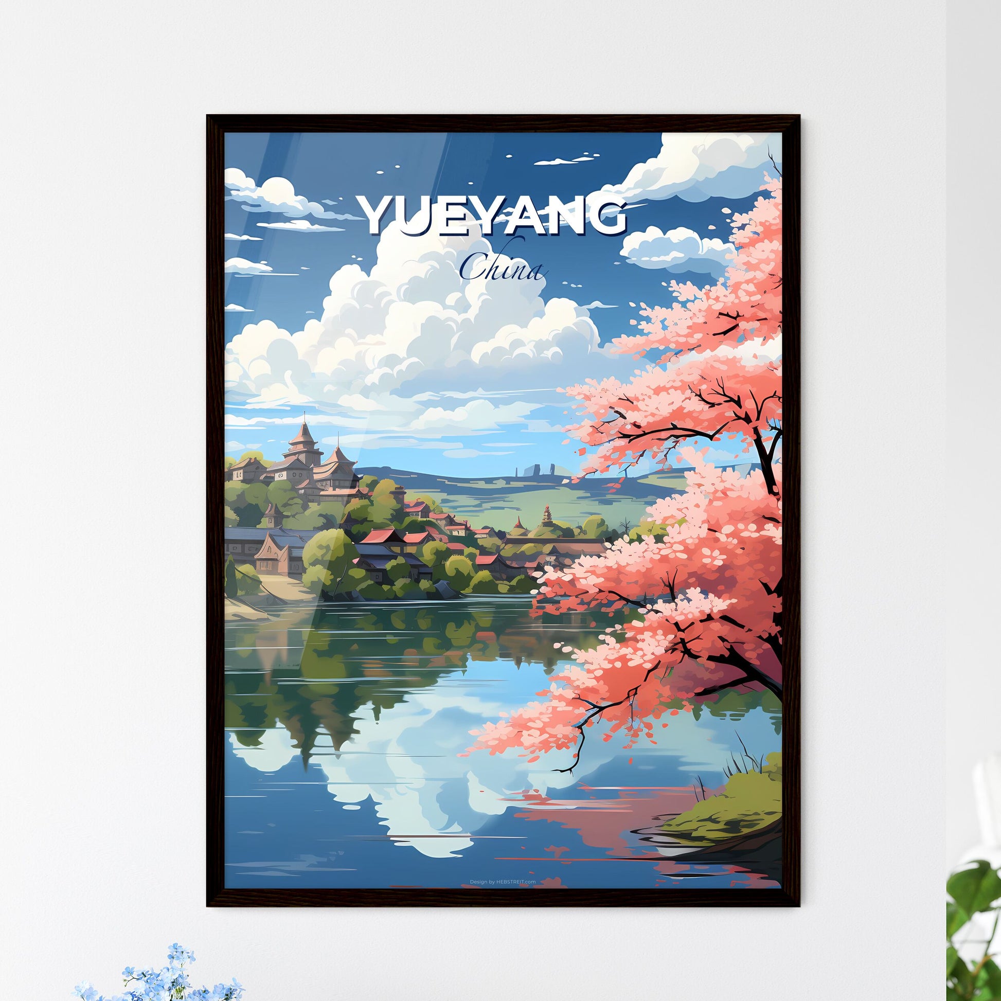 Expressive Art Depicting Yueyang Skyline with Pink Blossom by the Lake Default Title