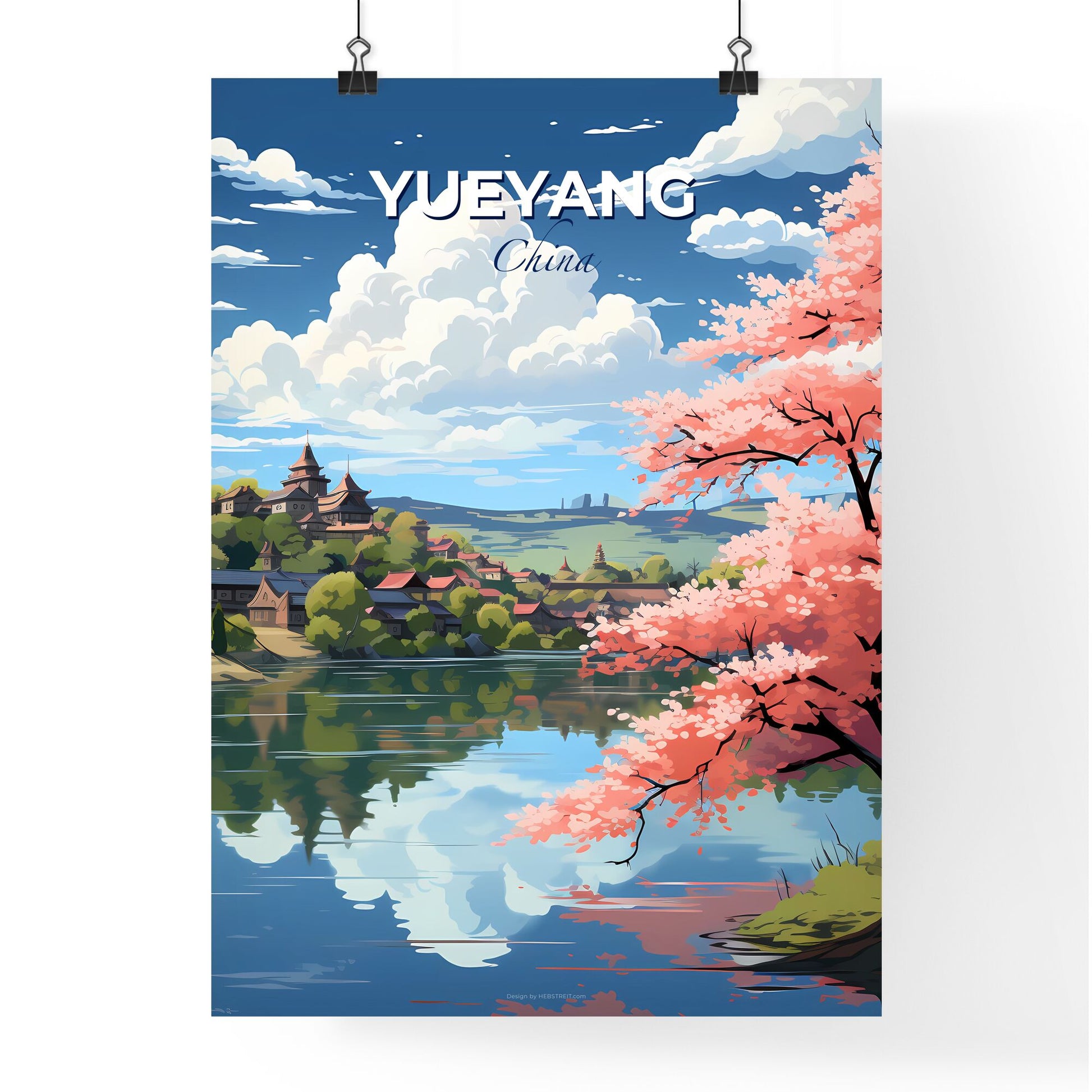 Expressive Art Depicting Yueyang Skyline with Pink Blossom by the Lake Default Title