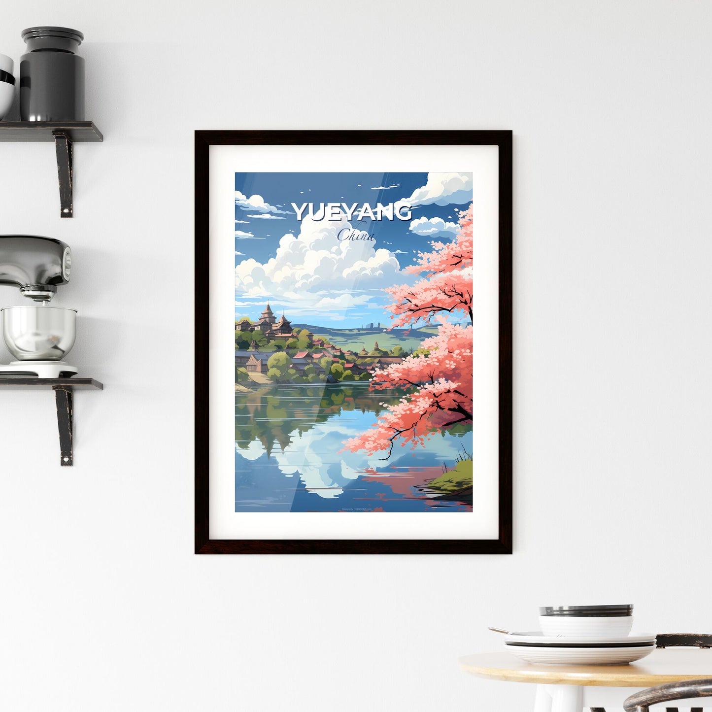 Expressive Art Depicting Yueyang Skyline with Pink Blossom by the Lake Default Title