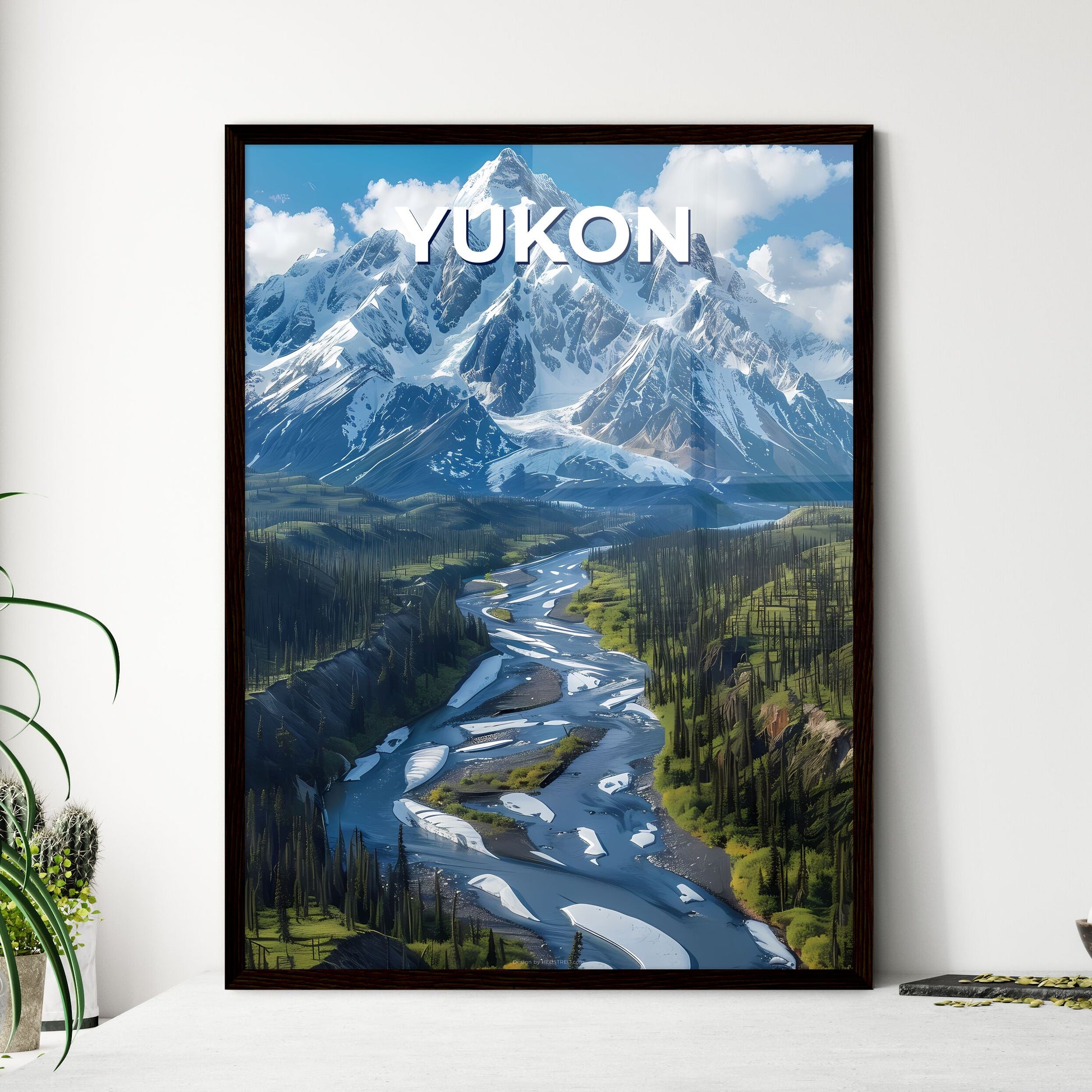 Vibrant Painting of Yukon River Valley Landscape with Trees and Mountains