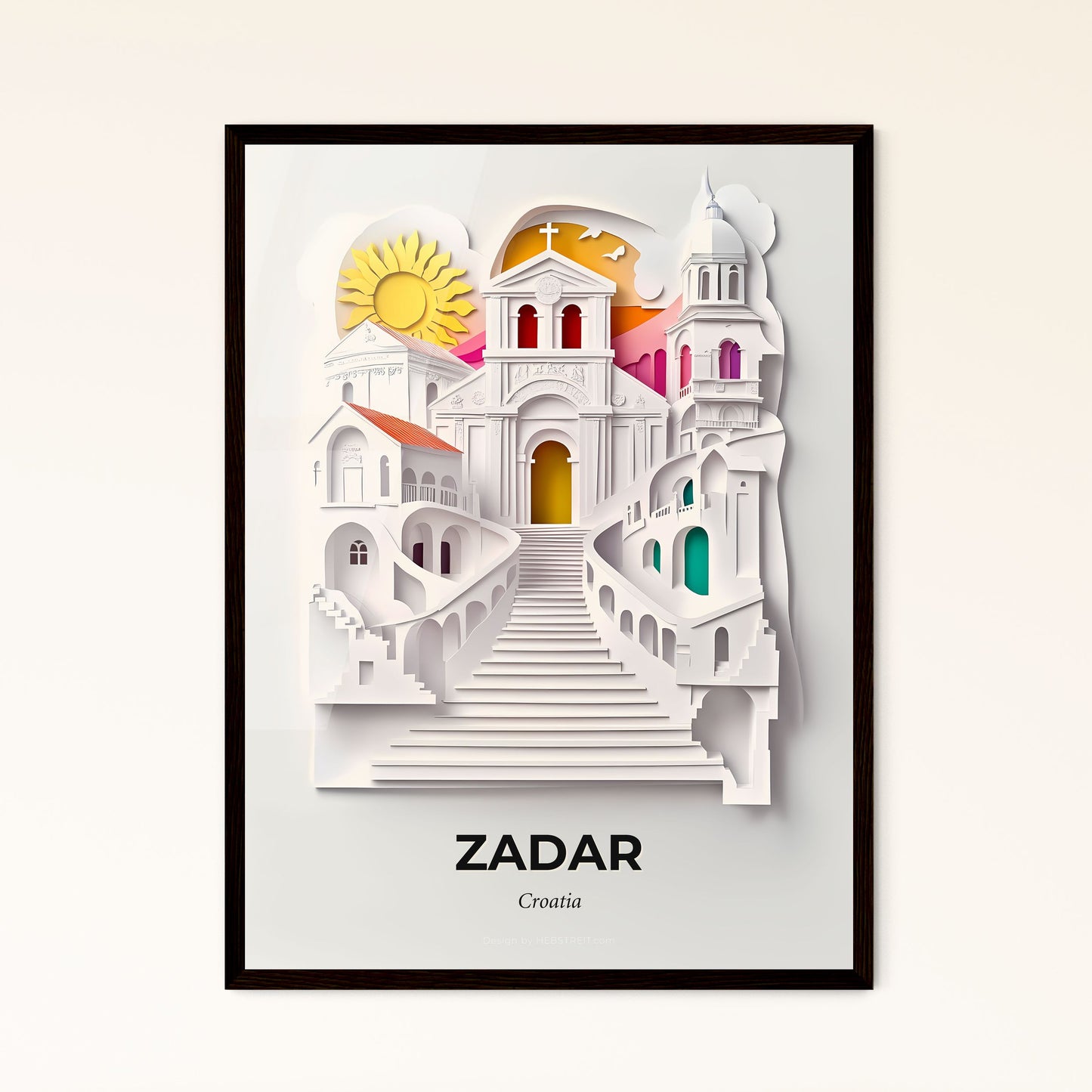 Vivid Zadar , Croatia - a paper cut of a church and stairs