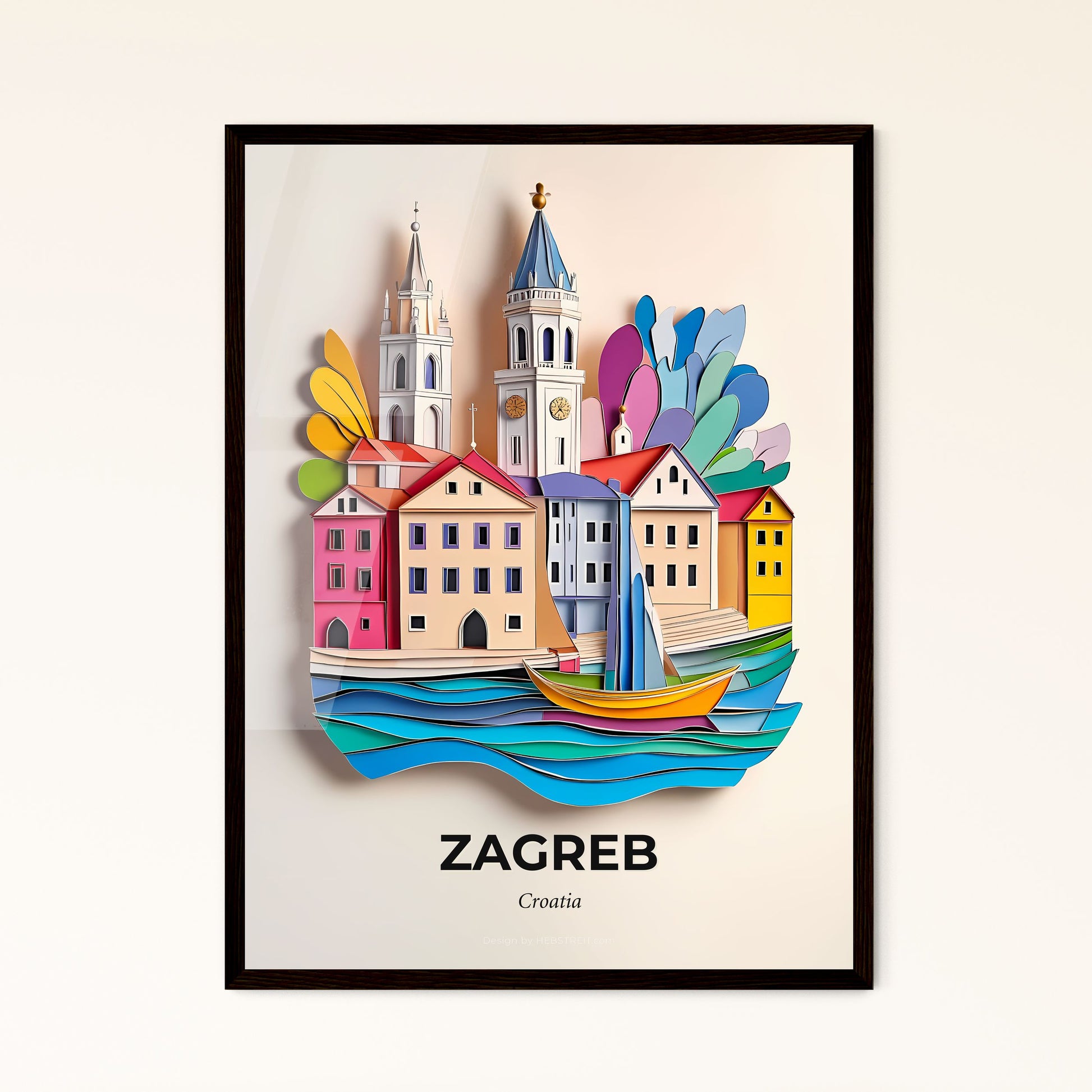 Vivid Zagreb , Croatia - a paper cut of a city with a boat