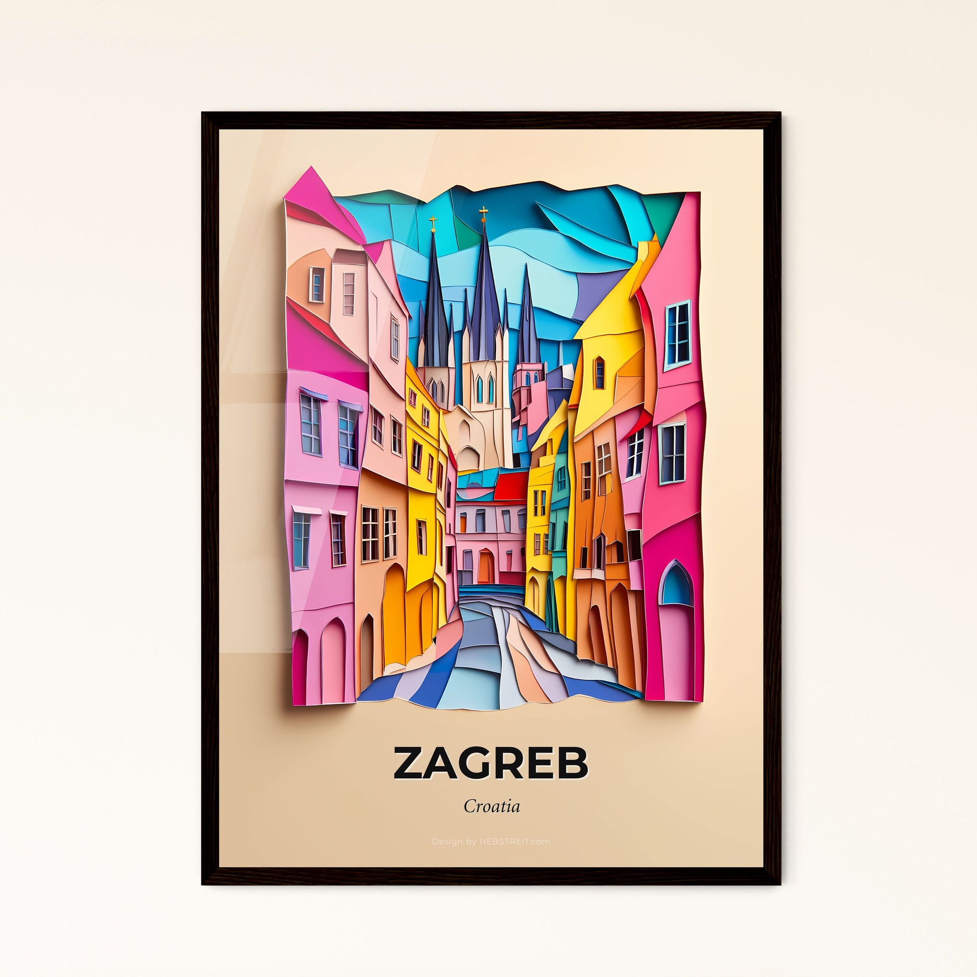 Vivid Zagreb , Croatia - a colorful city street with a clock tower