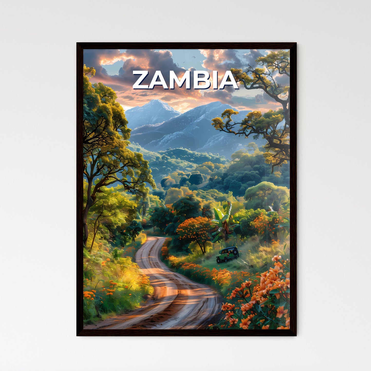 Vibrant Painting Depicting a Road Through a Lush Forest in Zambia, Africa