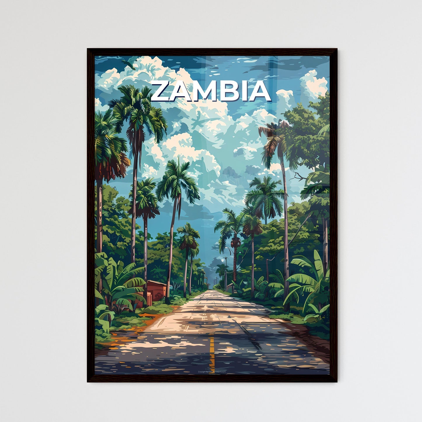 Vibrant Art: Zambia Road with Palm Trees and Hut