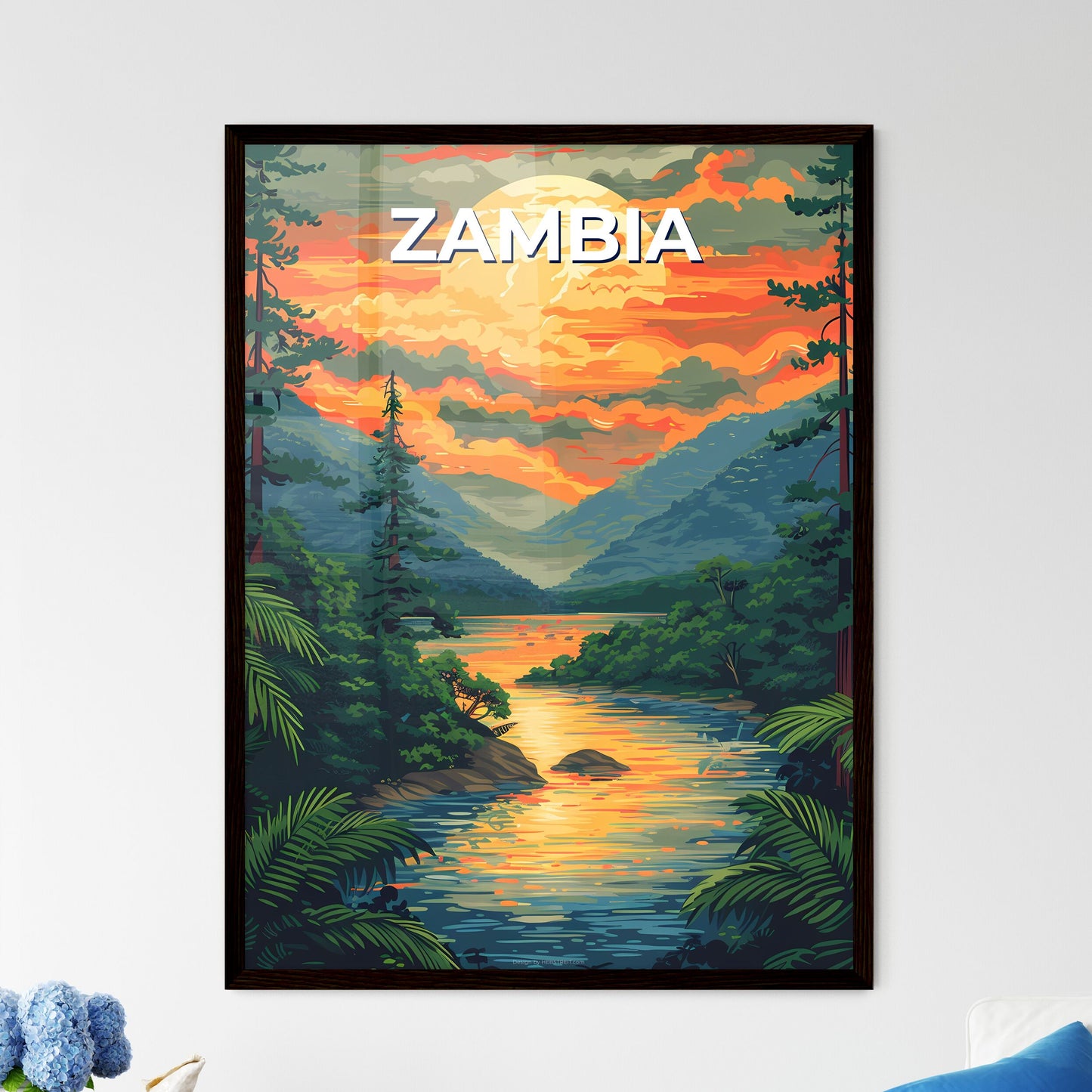 Vibrant African Artwork: Serene River Scene with Lush Greenery and Majestic Mountains