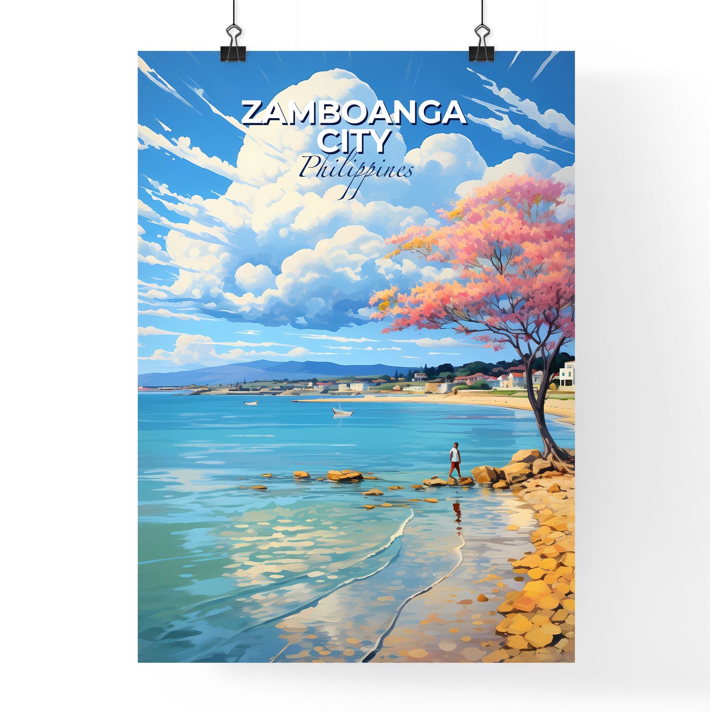 Zamboanga City Philippines Skyline - Vibrant Painting Featuring Person Standing on Rock by Water with Artistic Focus Default Title