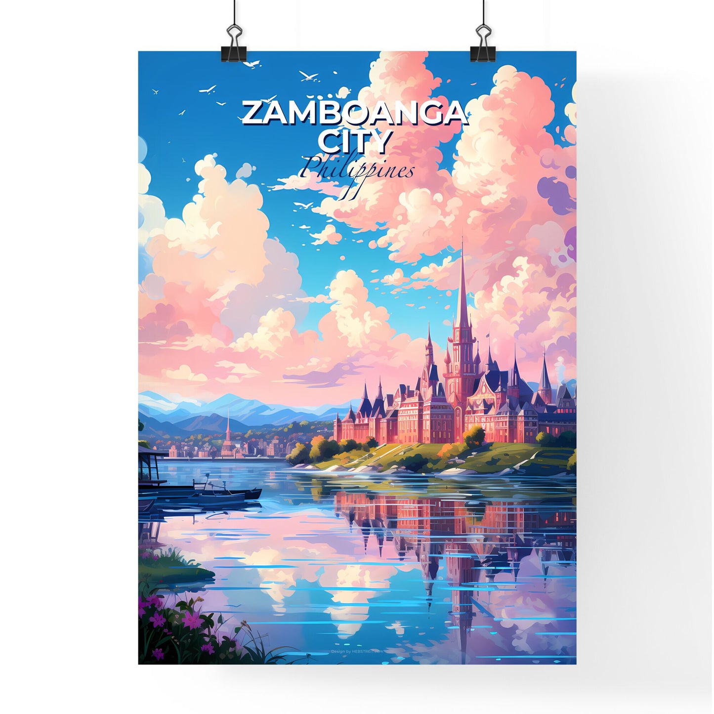 Vibrant Painting of Zamboanga City Skyline: Castle and Lake in Vivid Hues Default Title