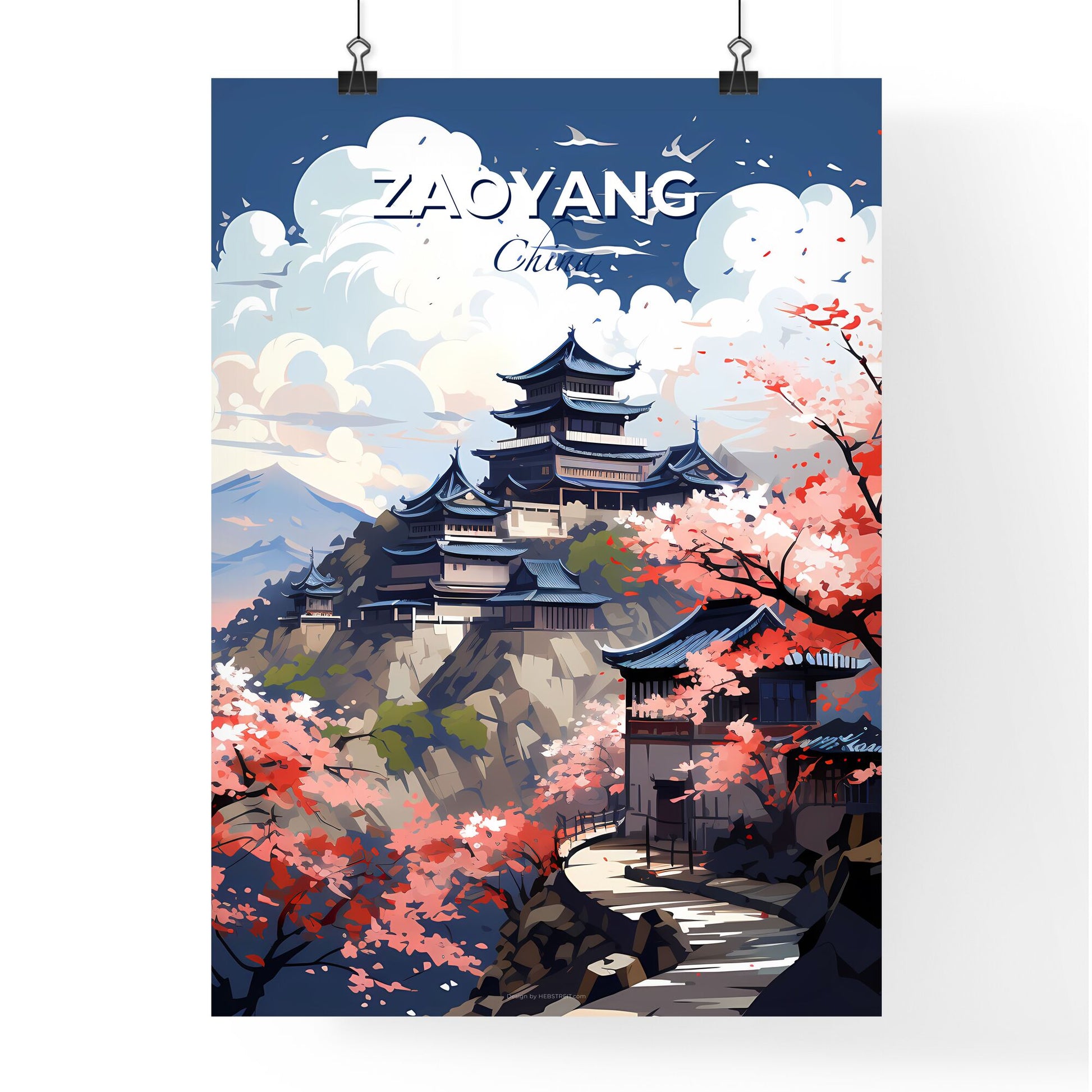 Zaoyang Skyline Painting - Vibrant Architecture and Pink Flowers on a Hill Default Title