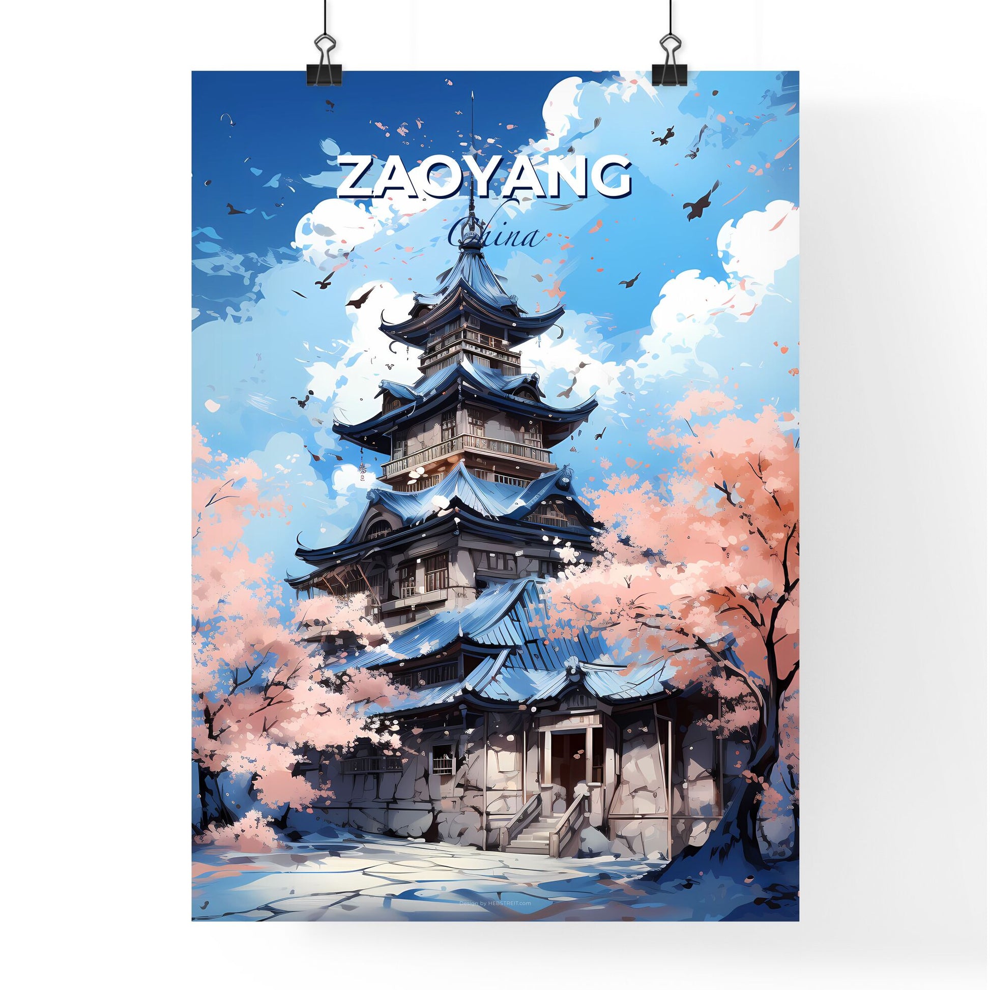 Modern Zaoyang China Skyline Architecture Painting Tower Trees Birds Vibrant Art City Default Title