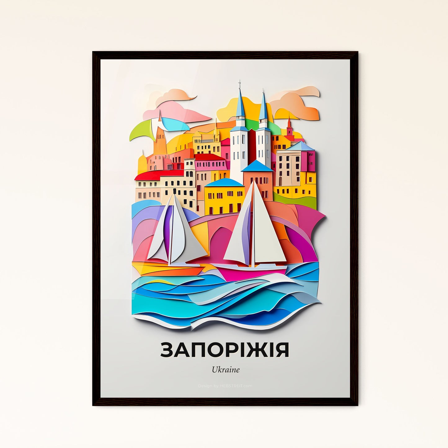 Vivid Zaporizhia, Ukraine - a paper cut of a city with a sailboat