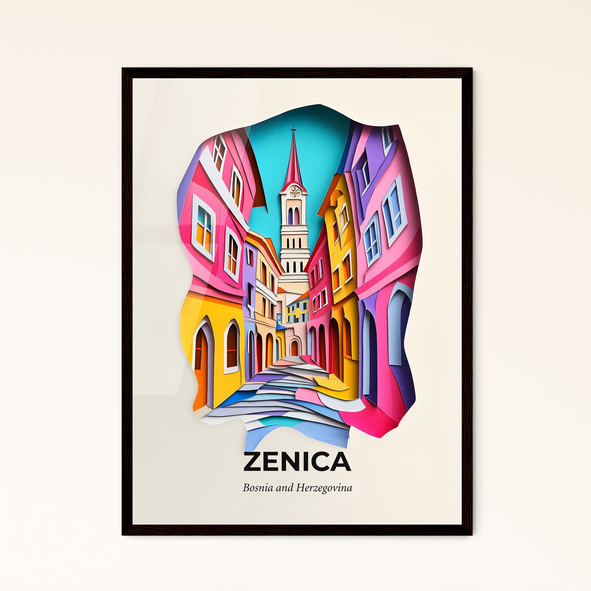 Vivid Zenica, Bosnia and Herzegovina - a paper cut of a street with a clock tower