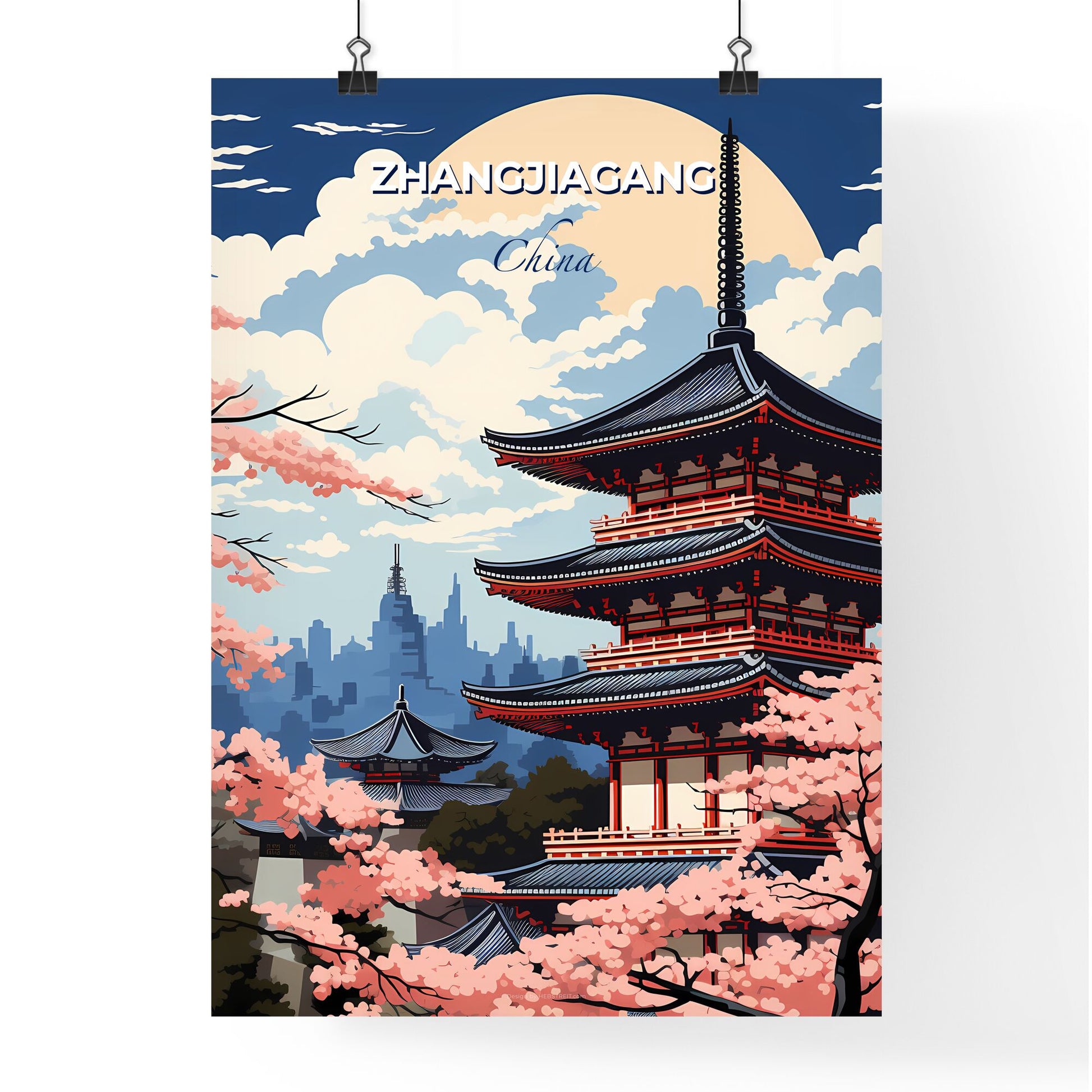 Vibrant Chinese Pagoda Skyline with Cherry Blossoms - Art Painting Default Title