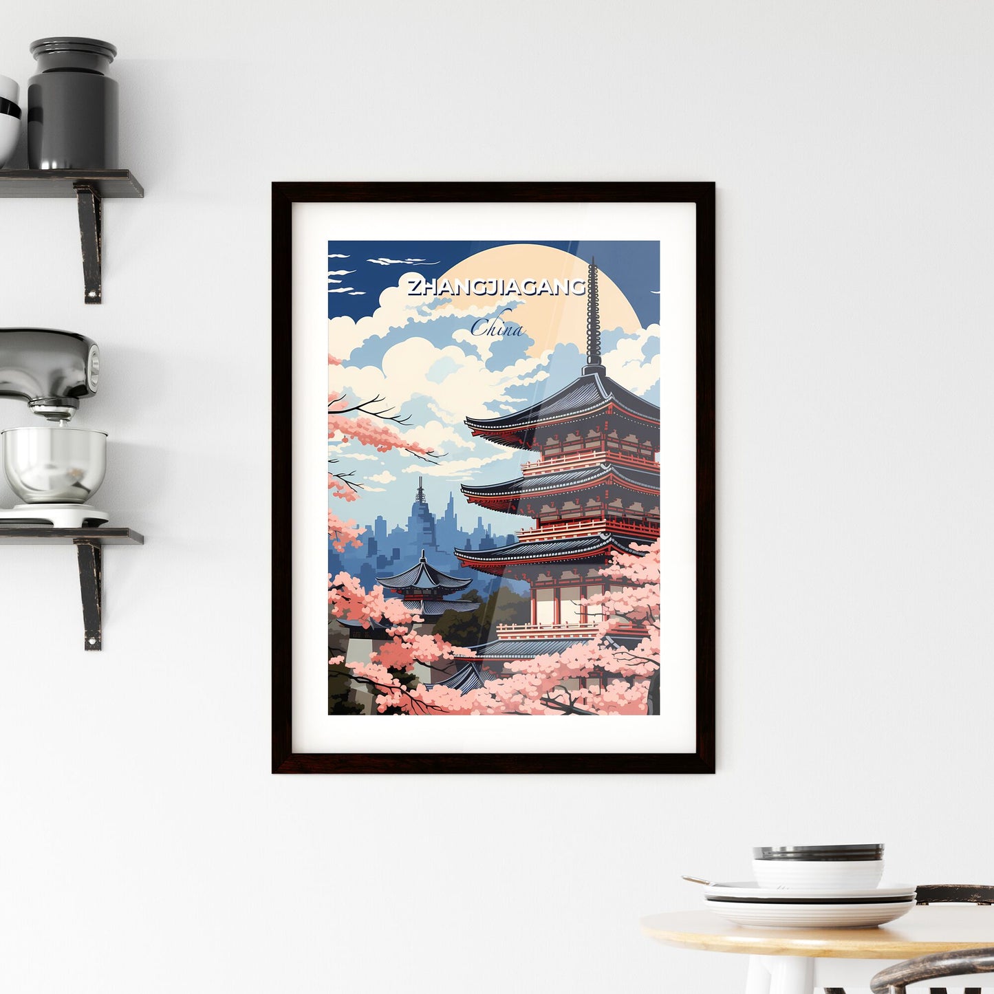 Vibrant Chinese Pagoda Skyline with Cherry Blossoms - Art Painting Default Title