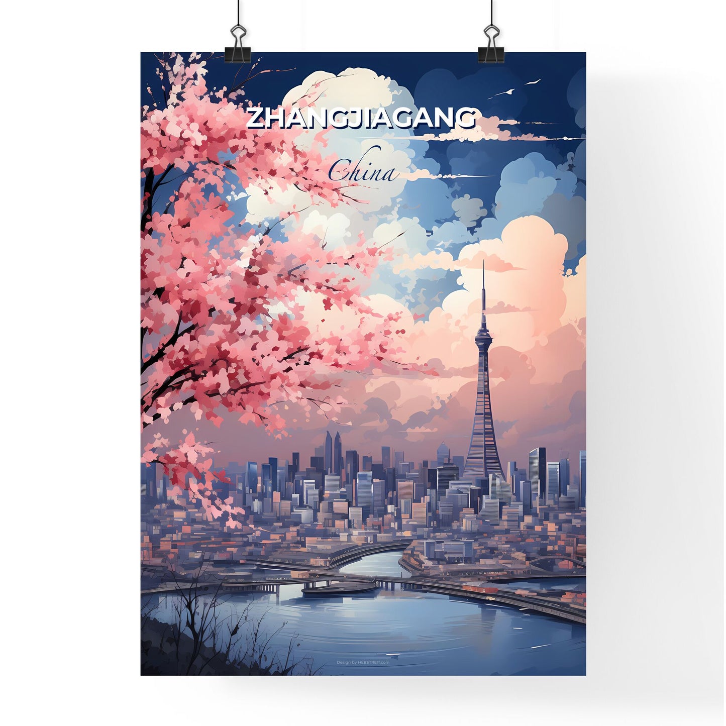 Pink Tree with Abstract China Skyline - Digital Art Painting Stock Image Default Title