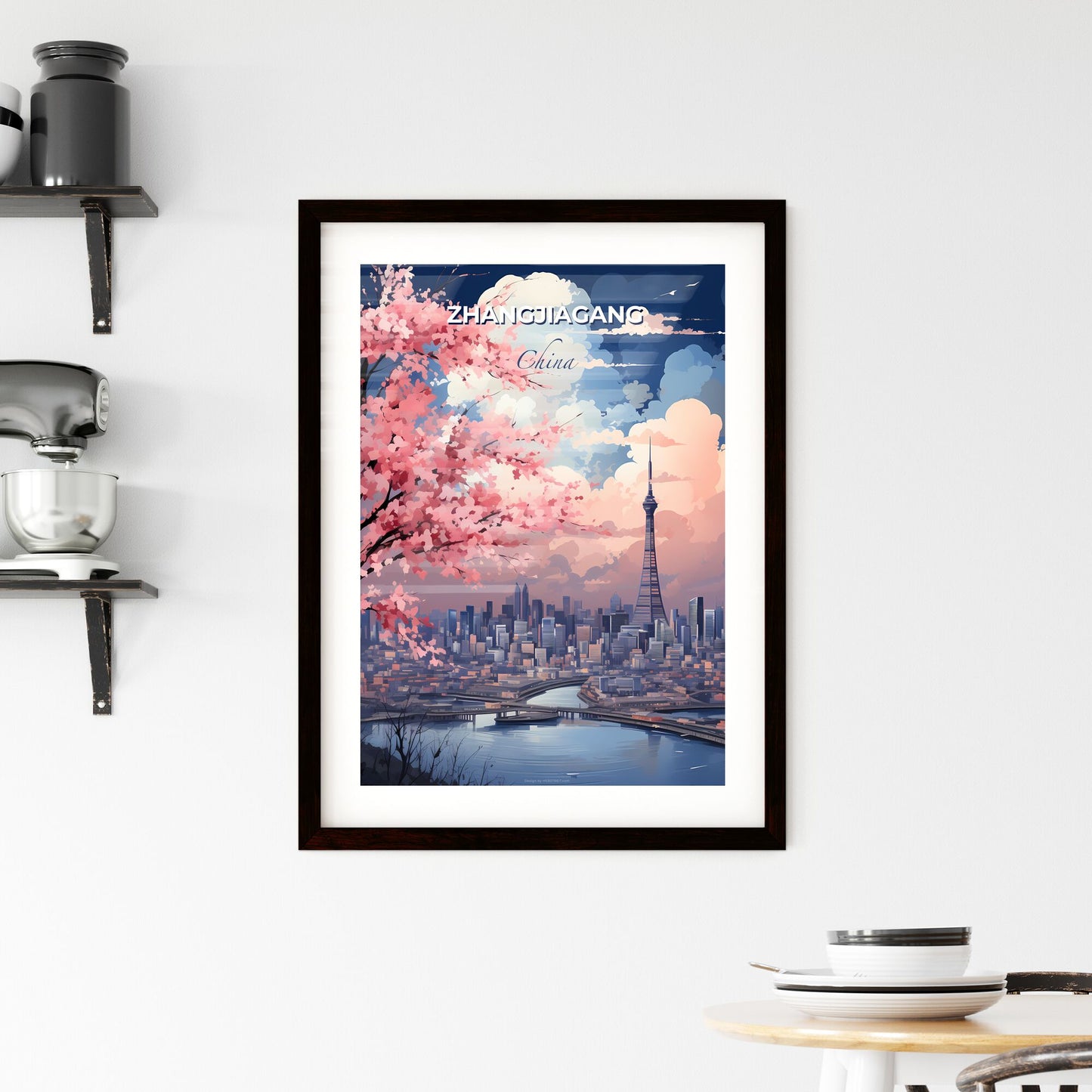 Pink Tree with Abstract China Skyline - Digital Art Painting Stock Image Default Title