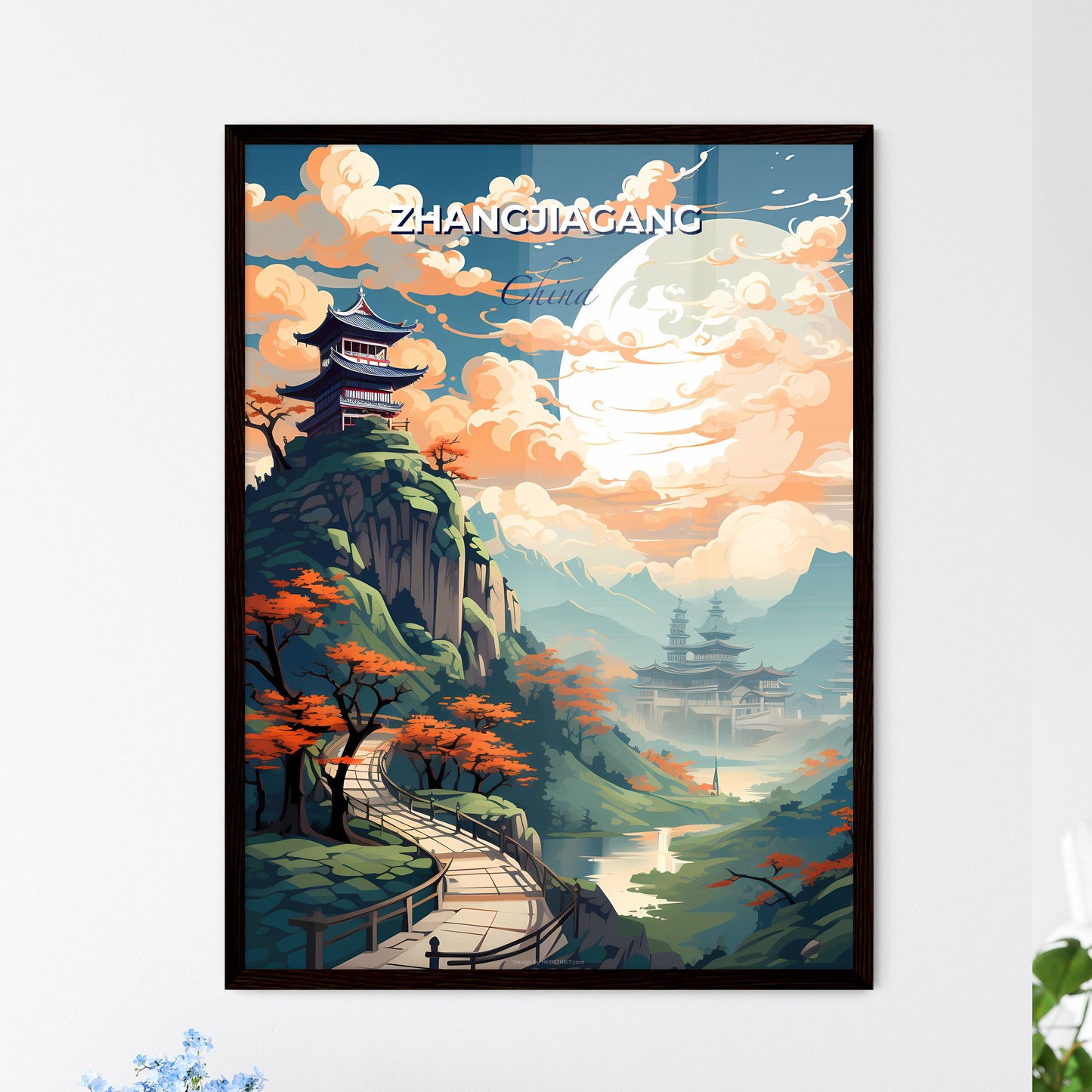 Panoramic Painting of Zhangjiagang Skyline Featuring Pagoda, Bridge, and Tranquil River Default Title