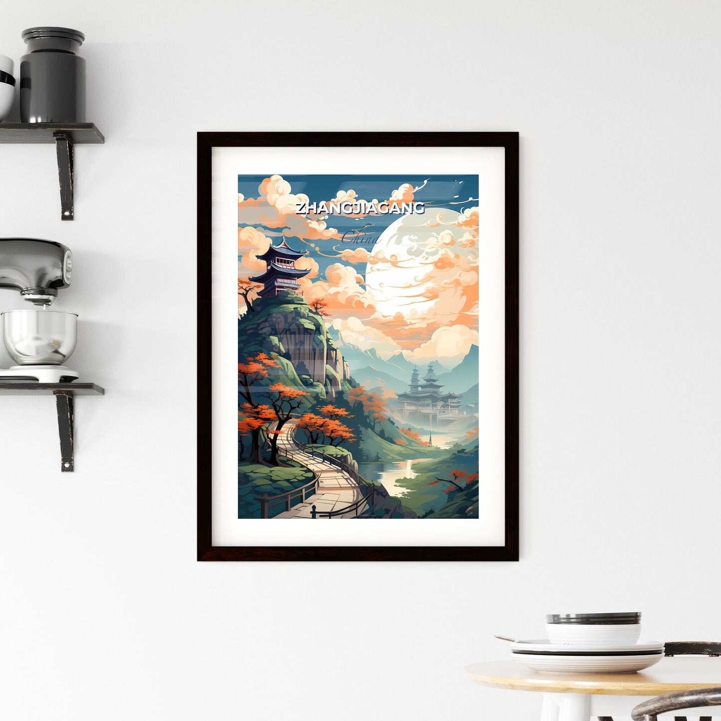 Panoramic Painting of Zhangjiagang Skyline Featuring Pagoda, Bridge, and Tranquil River Default Title