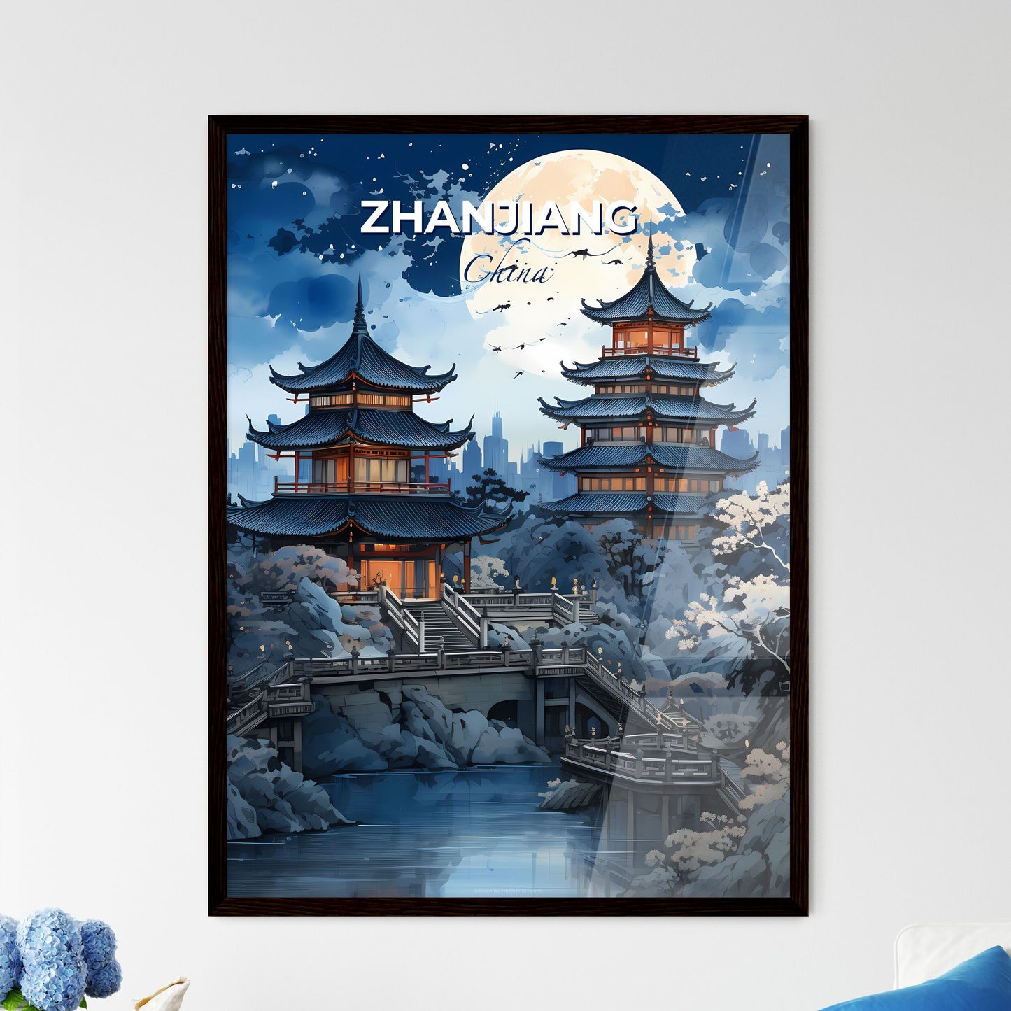 Vibrant Artistic Painting of Zhanjiang Skyline Depicting Pagoda Building and Bridge Default Title