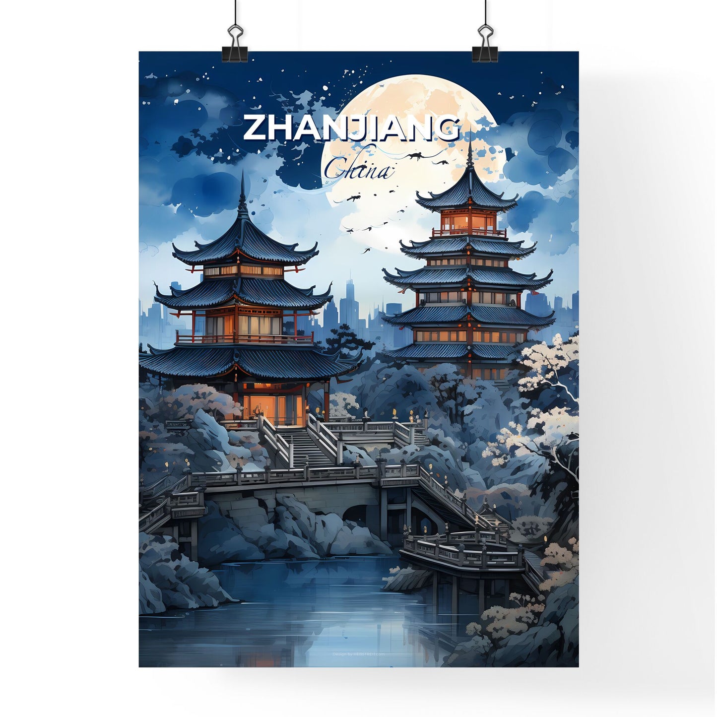 Vibrant Artistic Painting of Zhanjiang Skyline Depicting Pagoda Building and Bridge Default Title