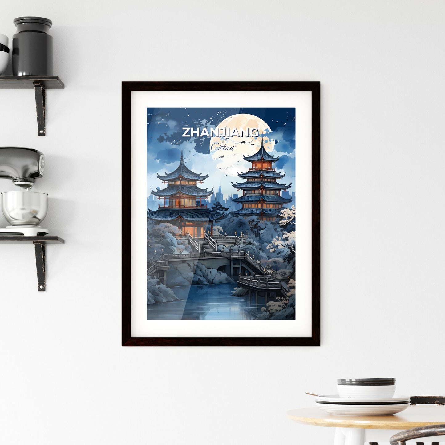 Vibrant Artistic Painting of Zhanjiang Skyline Depicting Pagoda Building and Bridge Default Title