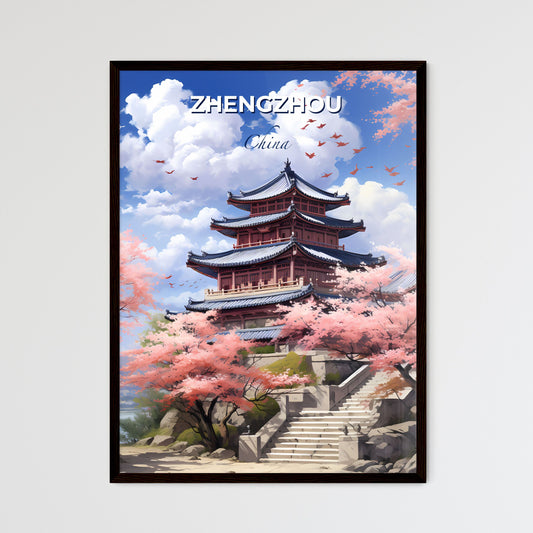Zhengzhou Cityscape Painting: Pink Cherry Blossoms Pagoda Skyline Vibrant Brushstrokes Default Title