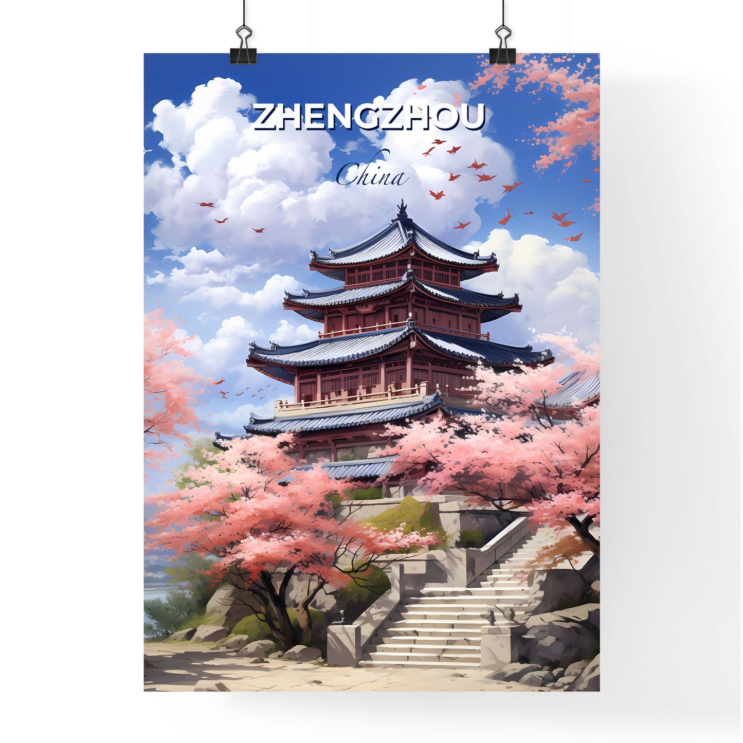 Zhengzhou Cityscape Painting: Pink Cherry Blossoms Pagoda Skyline Vibrant Brushstrokes Default Title