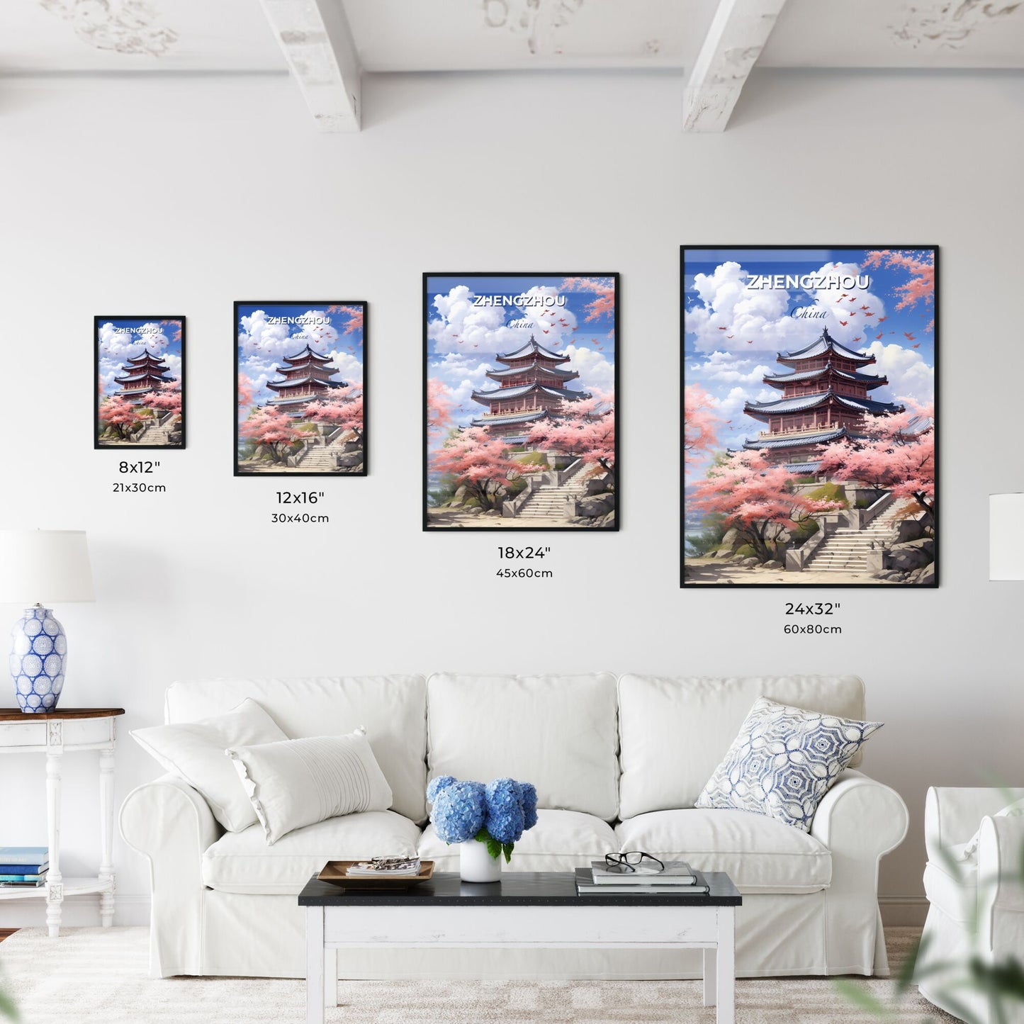 Zhengzhou Cityscape Painting: Pink Cherry Blossoms Pagoda Skyline Vibrant Brushstrokes Default Title