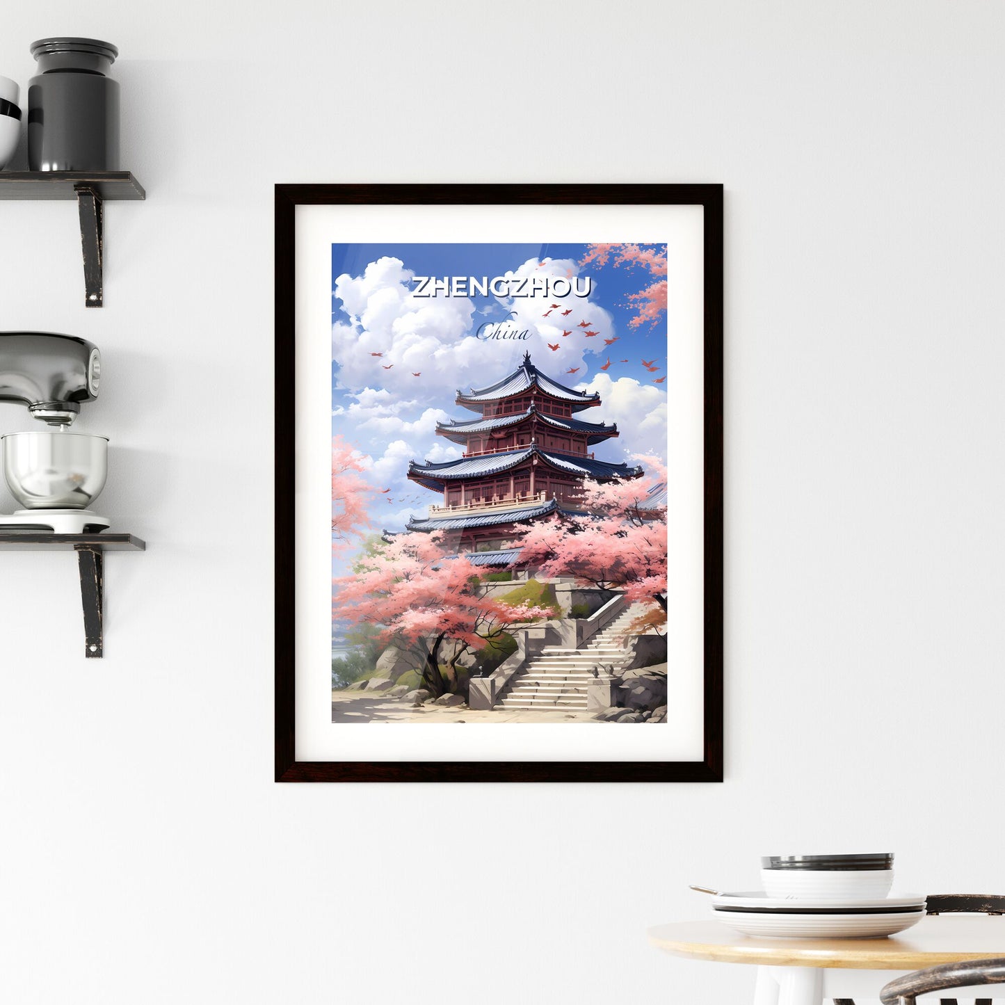 Zhengzhou Cityscape Painting: Pink Cherry Blossoms Pagoda Skyline Vibrant Brushstrokes Default Title