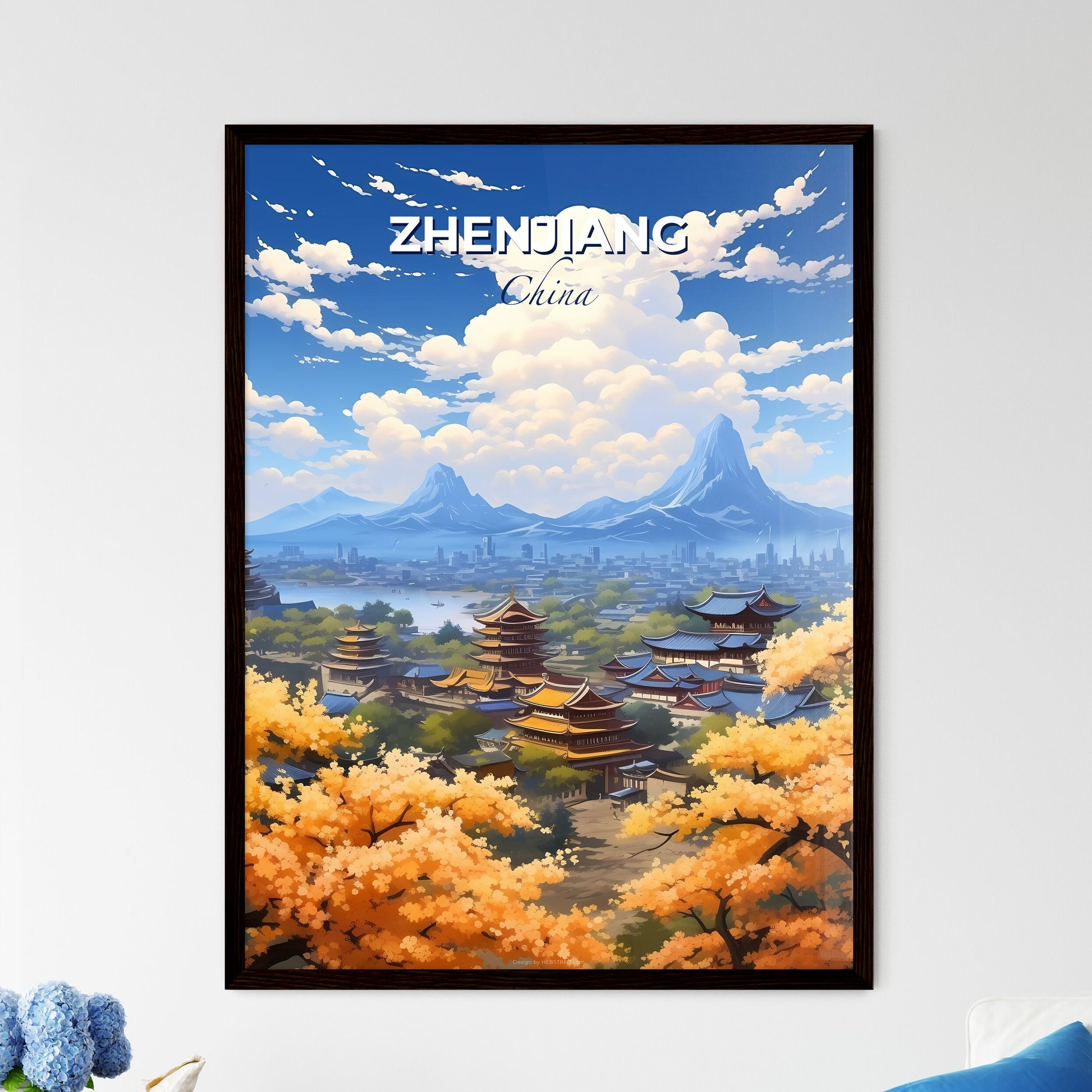 Vibrant Digital Painting of Zhenjiang City Skyline with Buildings and Mountains Default Title