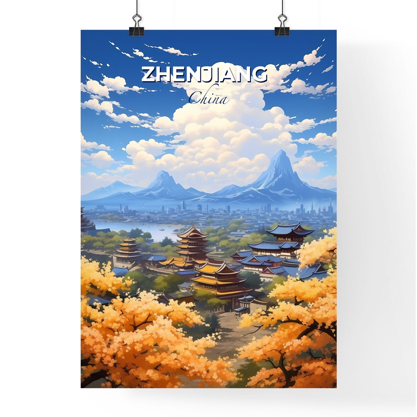 Vibrant Digital Painting of Zhenjiang City Skyline with Buildings and Mountains Default Title