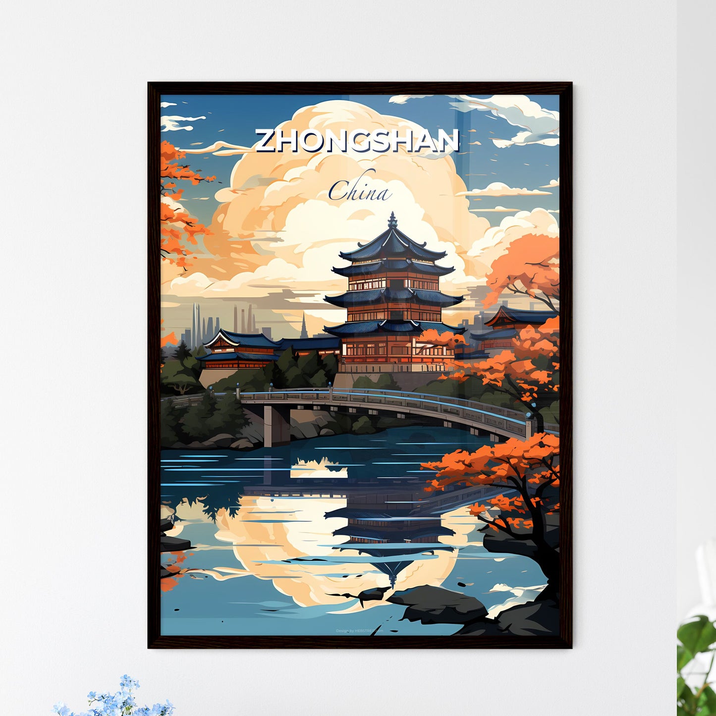 Vibrant Painting Depicting Zhongshan China Skyline with Building and River Bridge Default Title