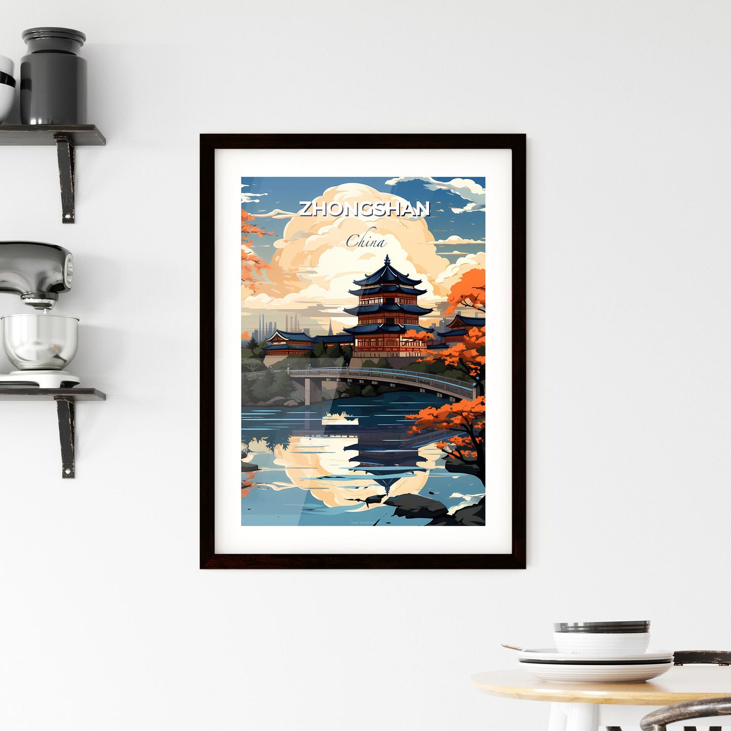 Vibrant Painting Depicting Zhongshan China Skyline with Building and River Bridge Default Title