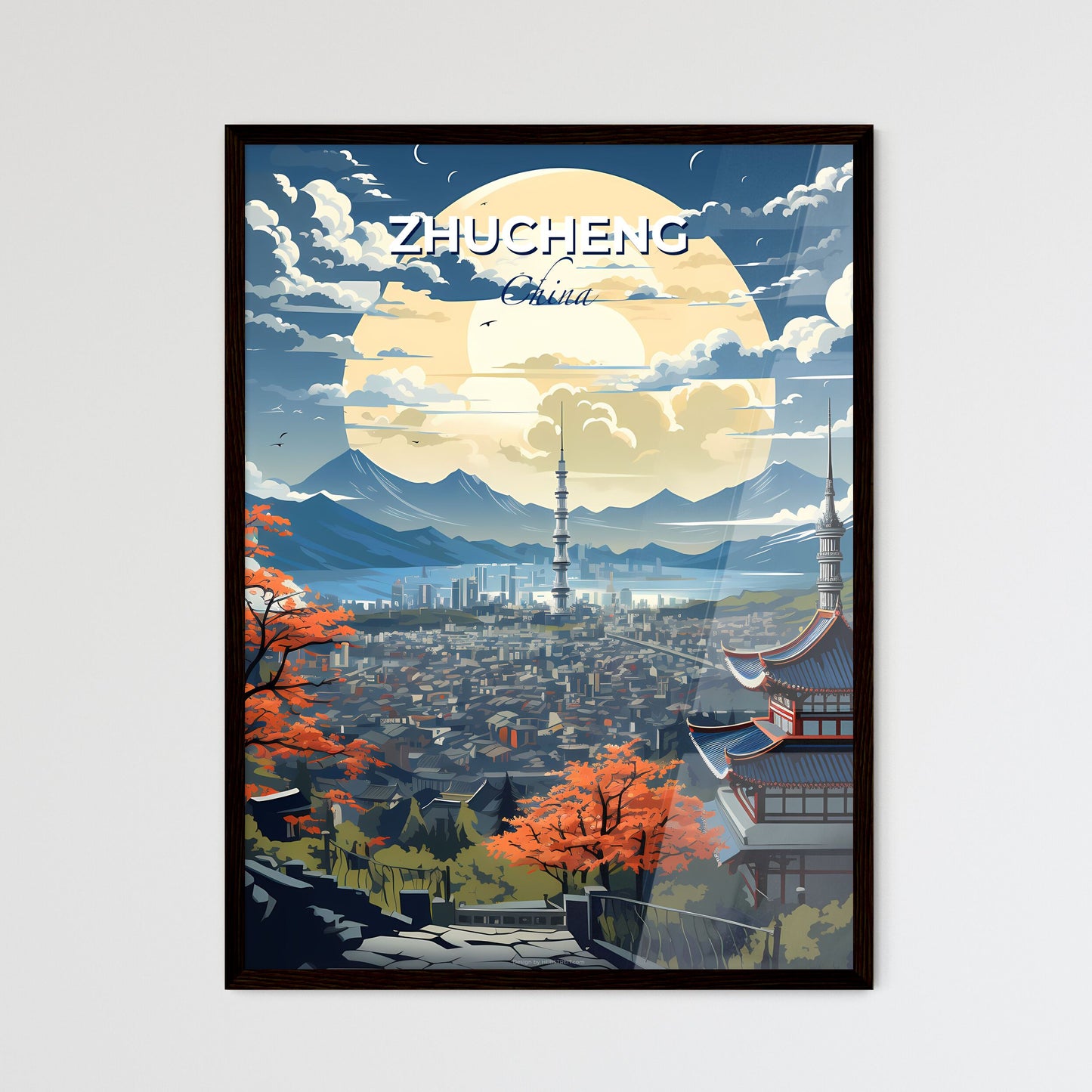 Panoramic Painting of Zhucheng Skyline with Mountains and a Prominent Moon Default Title